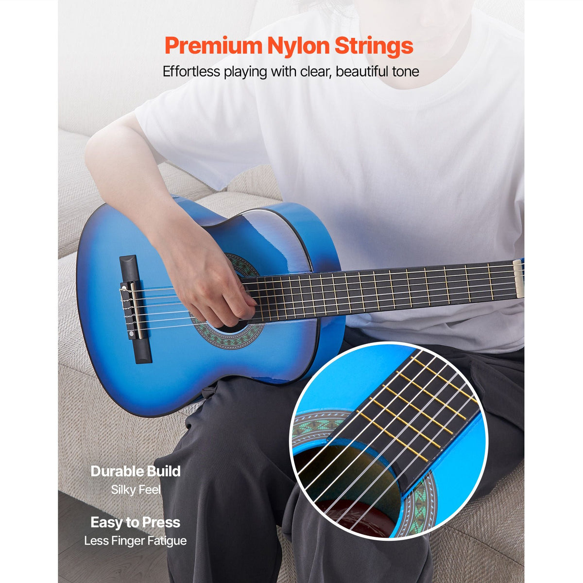 Classical Guitar, 30 Inch, Wood Classical Guitar Starter Kit for Beginners, with Nylon Strings, Gig Bag, Strap, Tuner, Extra Strings, Picks, Capo, Basswood, for Kids Girls Boys Students, Blue