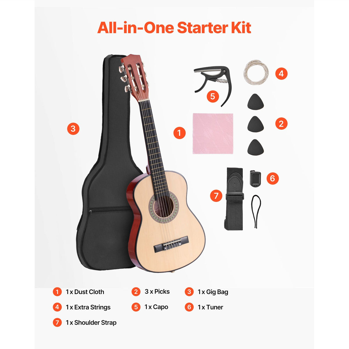 Classical Guitar, 30 Inch, Wood Classical Guitar Starter Kit for Beginners, with Nylon Strings, Gig Bag, Strap, Tuner, Extra Strings, Picks, Capo, Basswood, for Kids Girls Boys Students, Natural