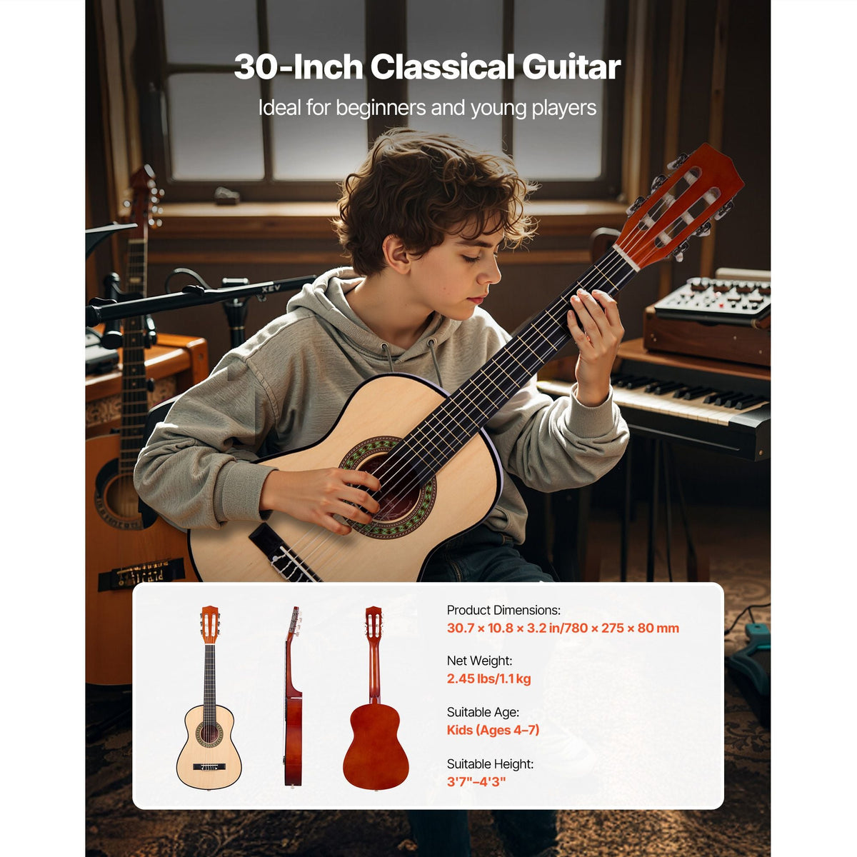 Classical Guitar, 30 Inch, Wood Classical Guitar Starter Kit for Beginners, with Nylon Strings, Gig Bag, Strap, Tuner, Extra Strings, Picks, Capo, Basswood, for Kids Girls Boys Students, Natural