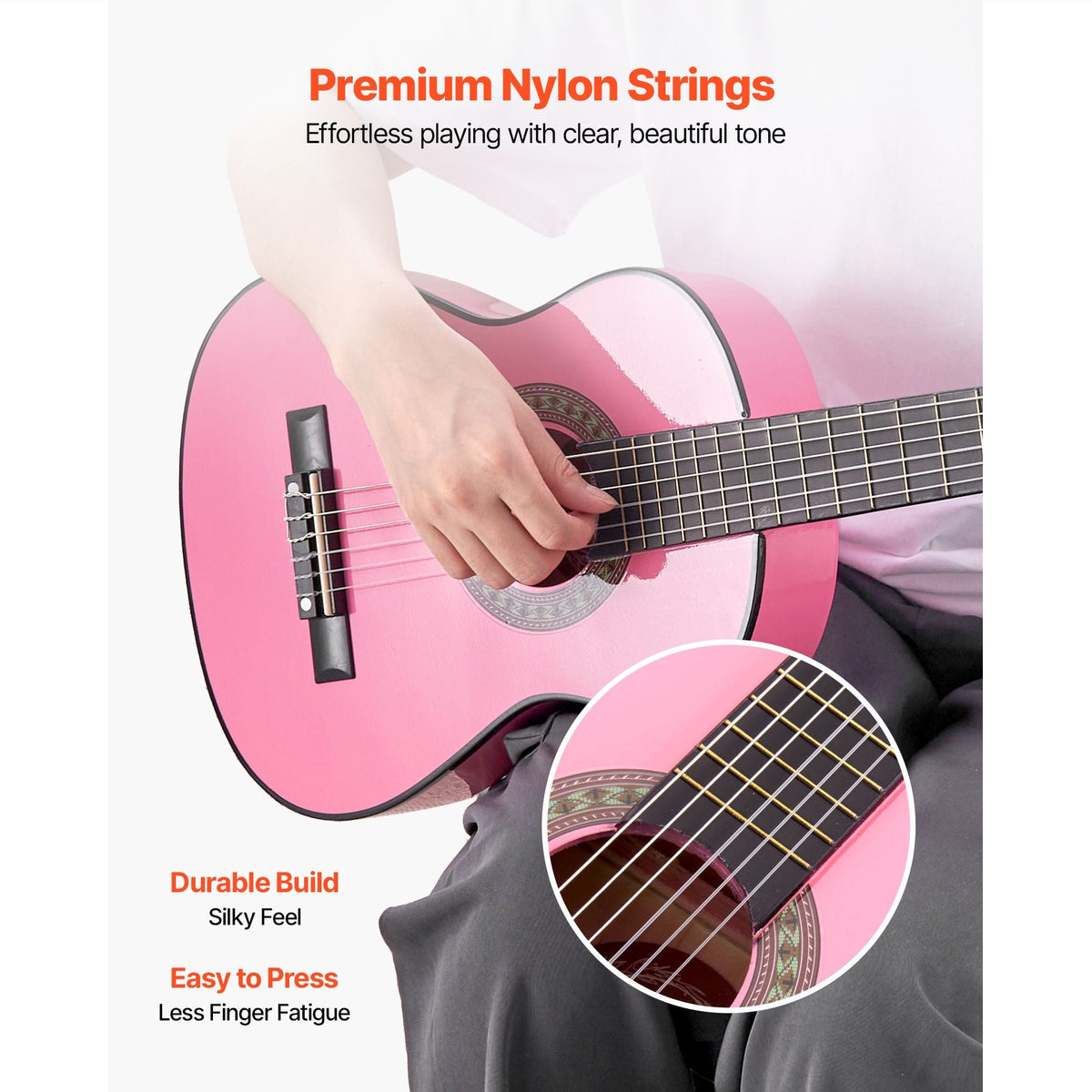 Classical Guitar, 30 Inch, Wood Classical Guitar Starter Kit for Beginners, with Nylon Strings, Gig Bag, Strap, Tuner, Extra Strings, Picks, Capo, Basswood, for Kids Girls Boys Students, Pink