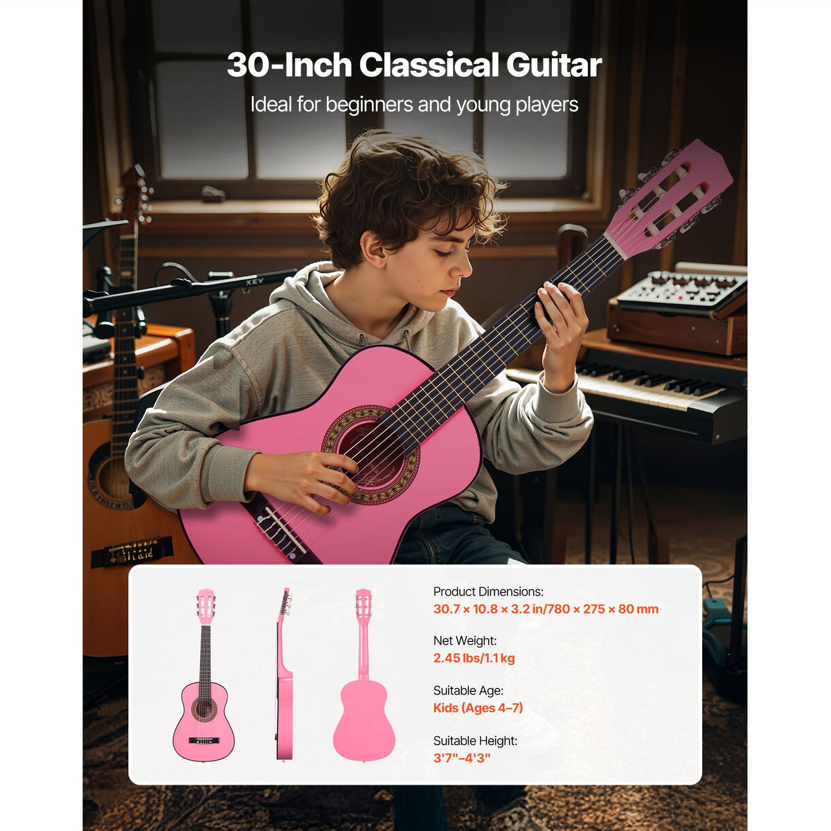 Classical Guitar, 30 Inch, Wood Classical Guitar Starter Kit for Beginners, with Nylon Strings, Gig Bag, Strap, Tuner, Extra Strings, Picks, Capo, Basswood, for Kids Girls Boys Students, Pink