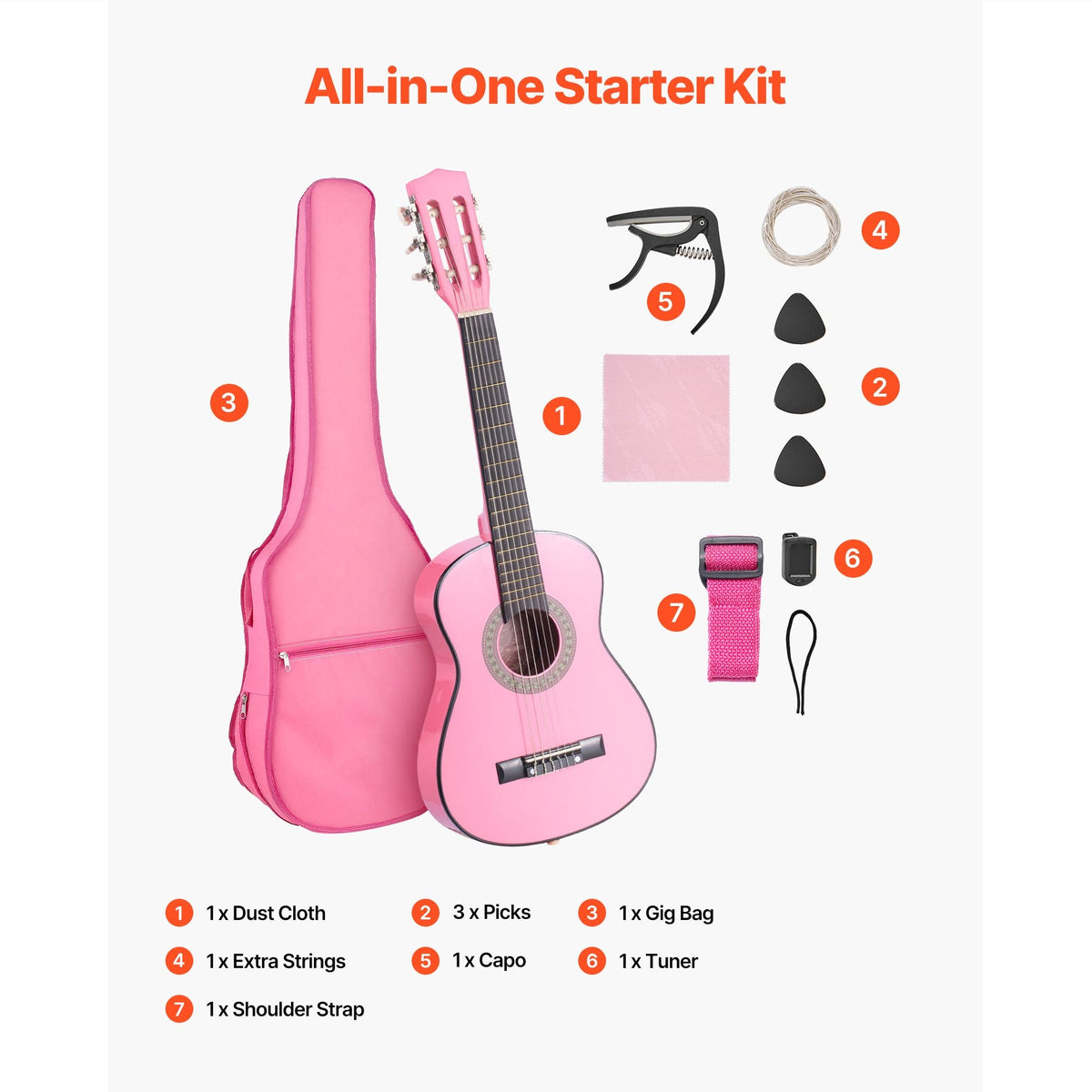 Classical Guitar, 30 Inch, Wood Classical Guitar Starter Kit for Beginners, with Nylon Strings, Gig Bag, Strap, Tuner, Extra Strings, Picks, Capo, Basswood, for Kids Girls Boys Students, Pink