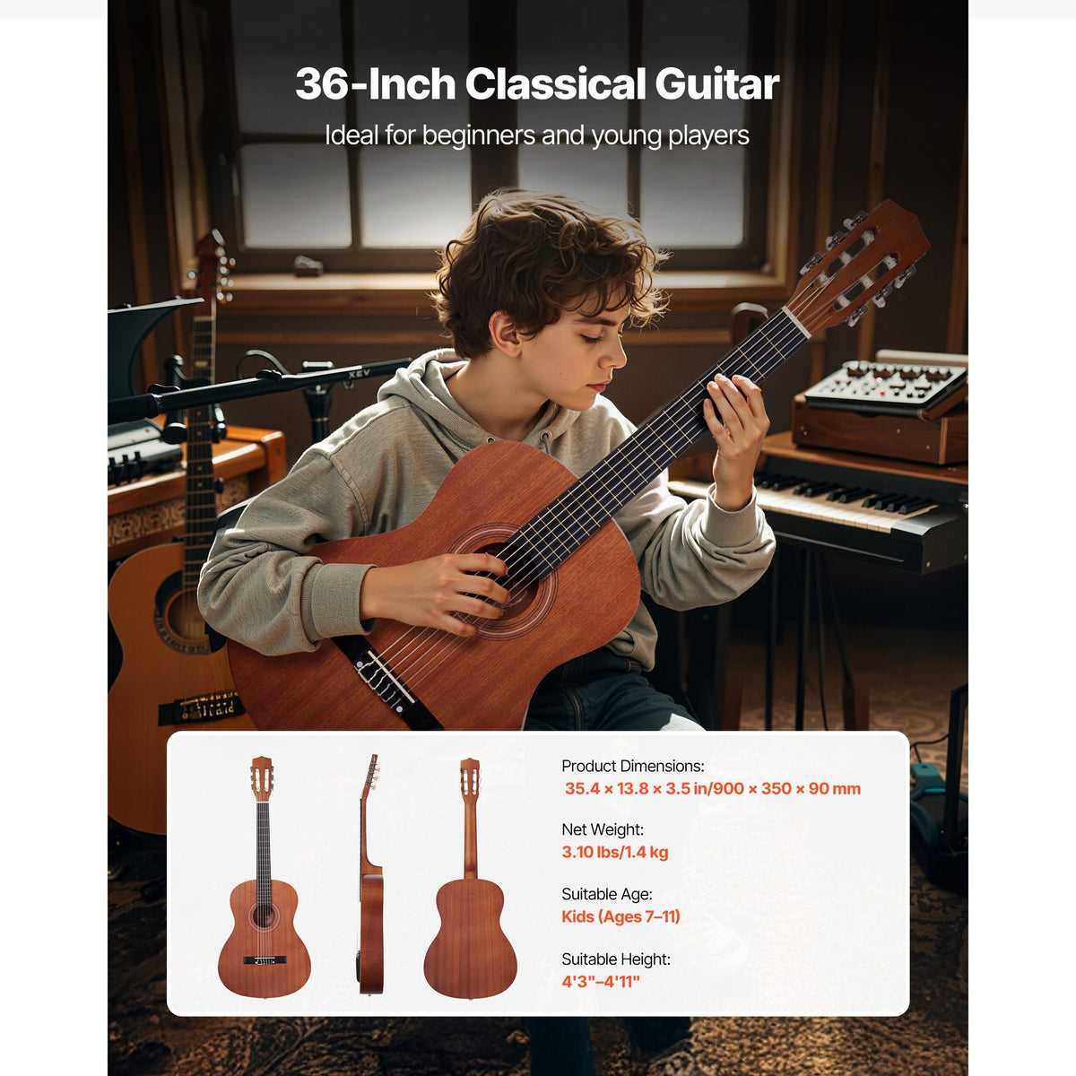 Classical Guitar, 36 Inch, Wood Classical Guitar Starter Kit for Beginners, with Nylon Strings, Gig Bag, Strap, Tuner, Extra Strings, Picks, Capo, Sapele & Rosewood, for Kids Girls Boys, Natural