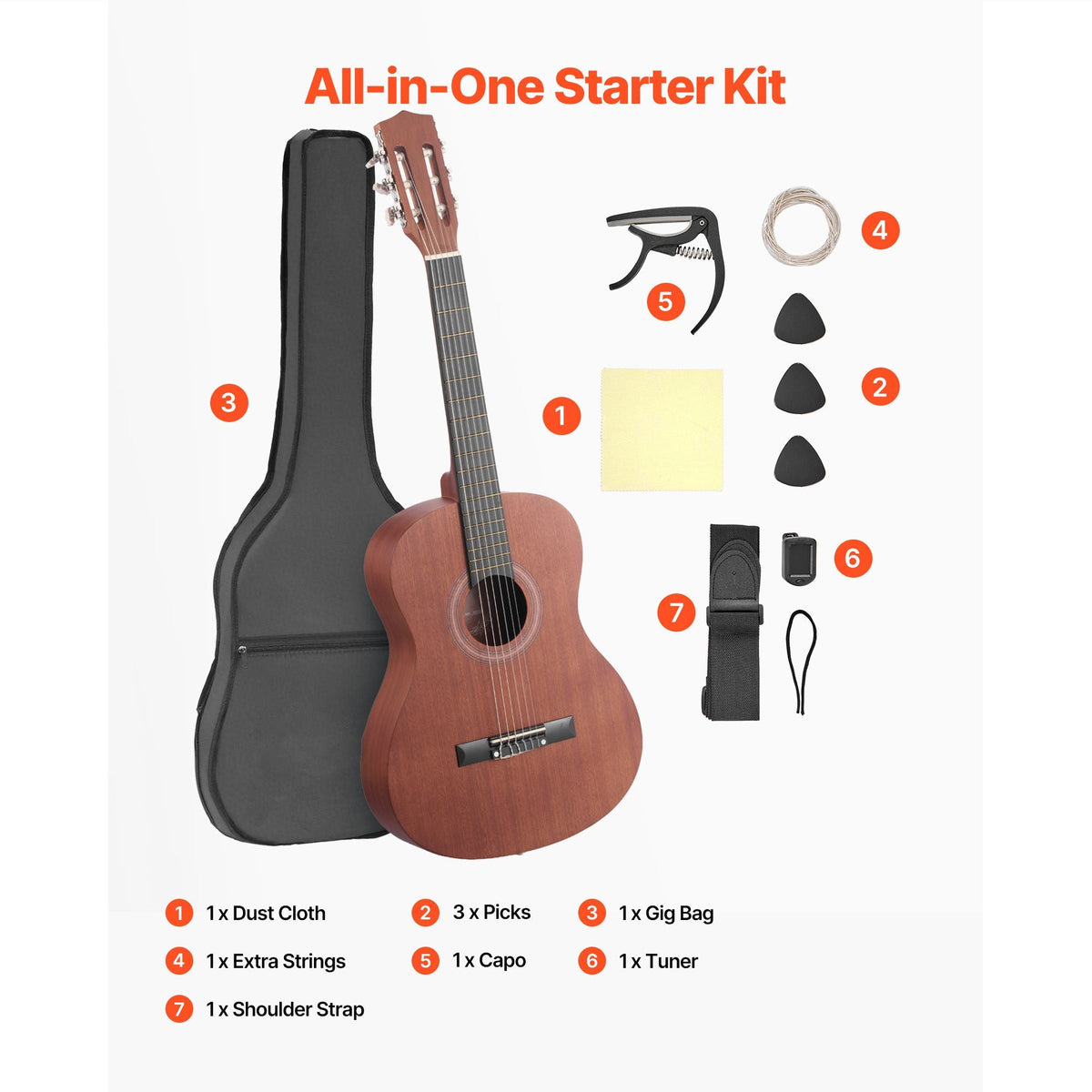 Classical Guitar, 36 Inch, Wood Classical Guitar Starter Kit for Beginners, with Nylon Strings, Gig Bag, Strap, Tuner, Extra Strings, Picks, Capo, Sapele & Rosewood, for Kids Girls Boys, Natural