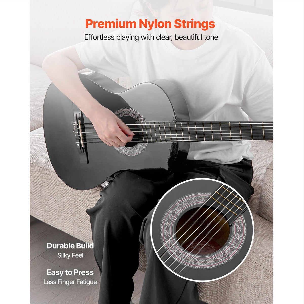 Classical Guitar, 38 Inch, Wood Classical Guitar Starter Kit for Beginners, with Nylon Strings, Gig Bag, Strap, Tuner, Extra Strings, Picks, Capo, Basswood, for Teenagers Adults Students, Black