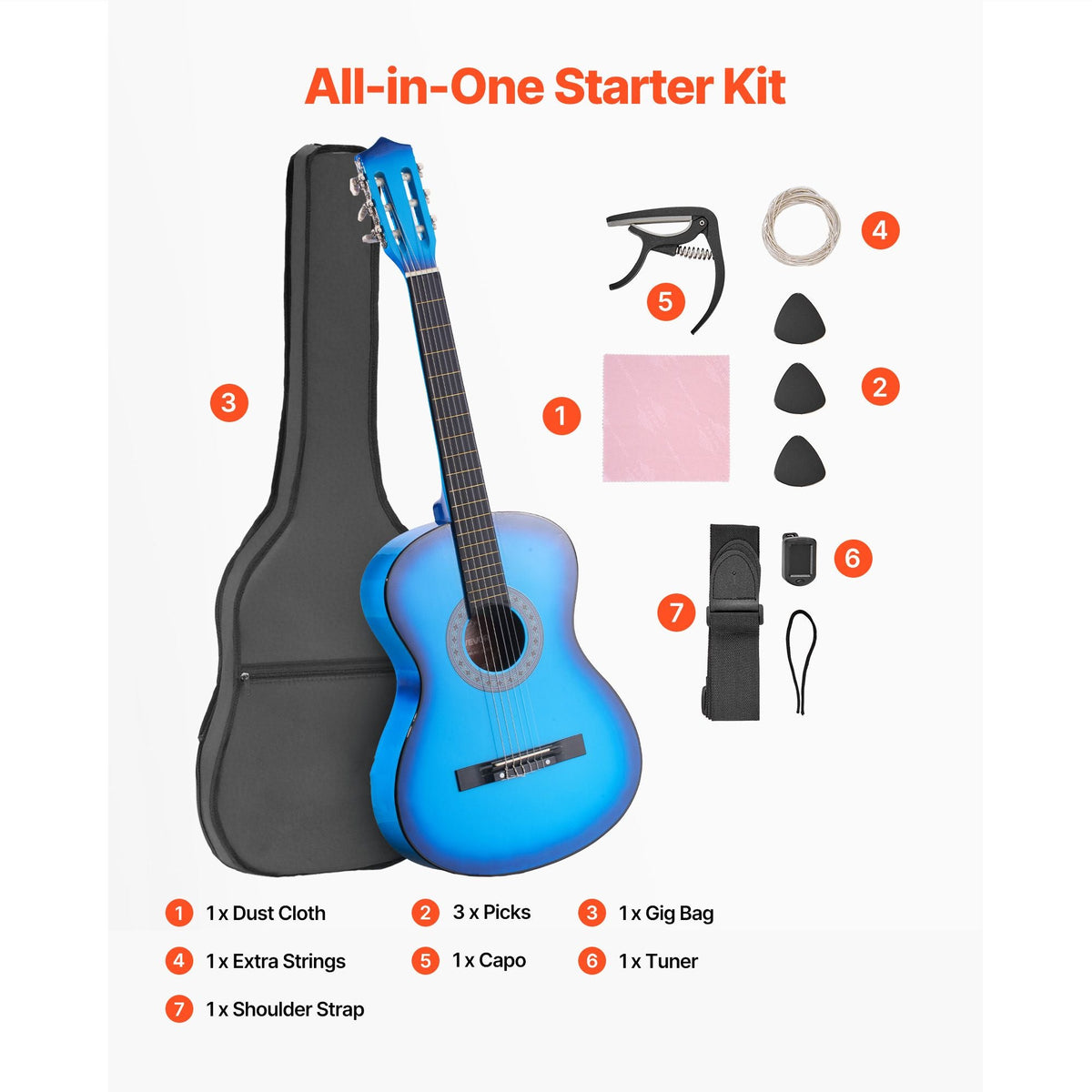 Classical Guitar, 38 Inch, Wood Classical Guitar Starter Kit for Beginners, with Nylon Strings, Gig Bag, Strap, Tuner, Extra Strings, Picks, Capo, Basswood, for Teenagers Adults Students, Blue
