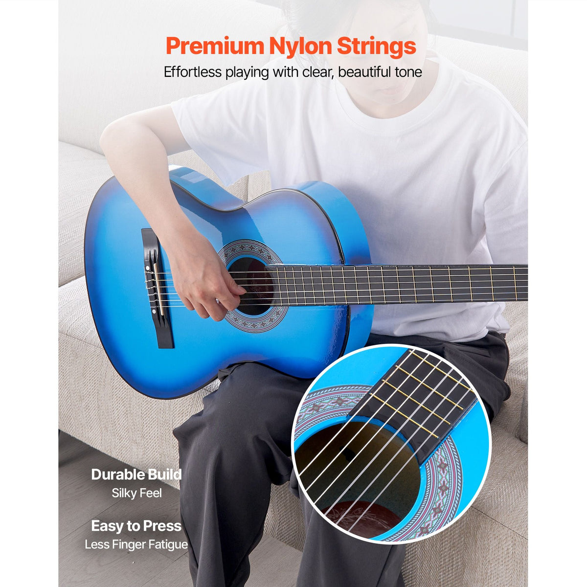 Classical Guitar, 38 Inch, Wood Classical Guitar Starter Kit for Beginners, with Nylon Strings, Gig Bag, Strap, Tuner, Extra Strings, Picks, Capo, Basswood, for Teenagers Adults Students, Blue