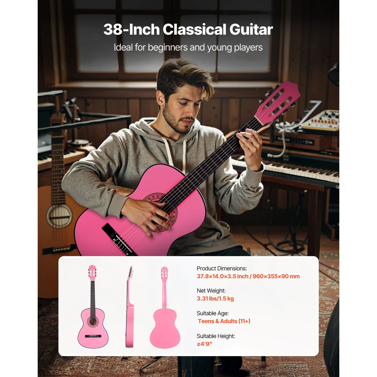 Classical Guitar, 38 Inch, Wood Classical Guitar Starter Kit for Beginners, with Nylon Strings, Gig Bag, Strap, Tuner, Extra Strings, Picks, Capo, Basswood, for Teenagers Adults Students, Pink