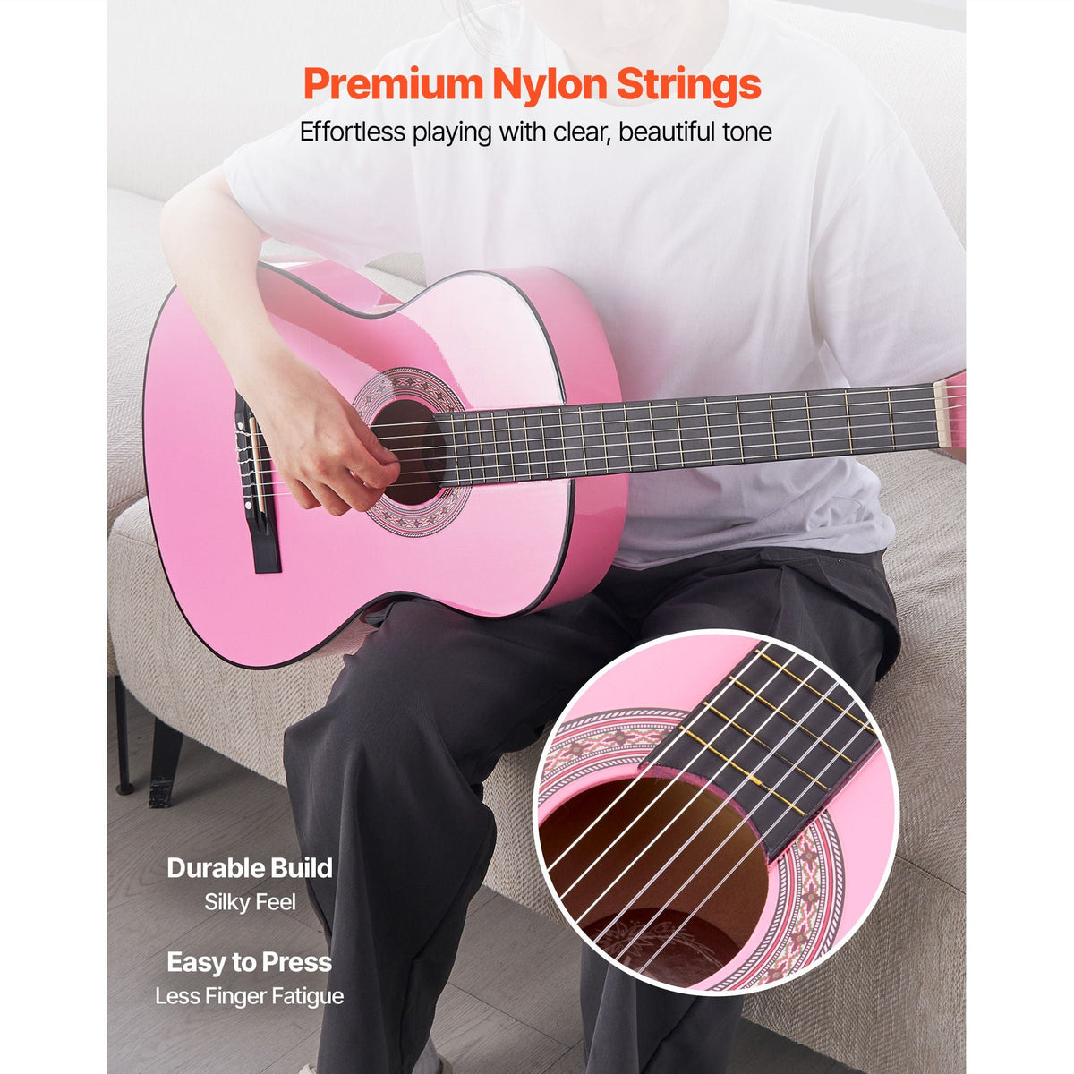 Classical Guitar, 38 Inch, Wood Classical Guitar Starter Kit for Beginners, with Nylon Strings, Gig Bag, Strap, Tuner, Extra Strings, Picks, Capo, Basswood, for Teenagers Adults Students, Pink