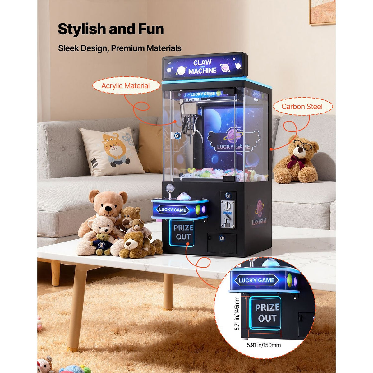 Claw Crane Machine, Medium-Sized Arcade Game Machine with Light & Sound, Adjustable Steel Claws, Precise Toy Candy Grabber Prize Dispenser Vending Toy, for Commercial Home Cinema, Black Purple