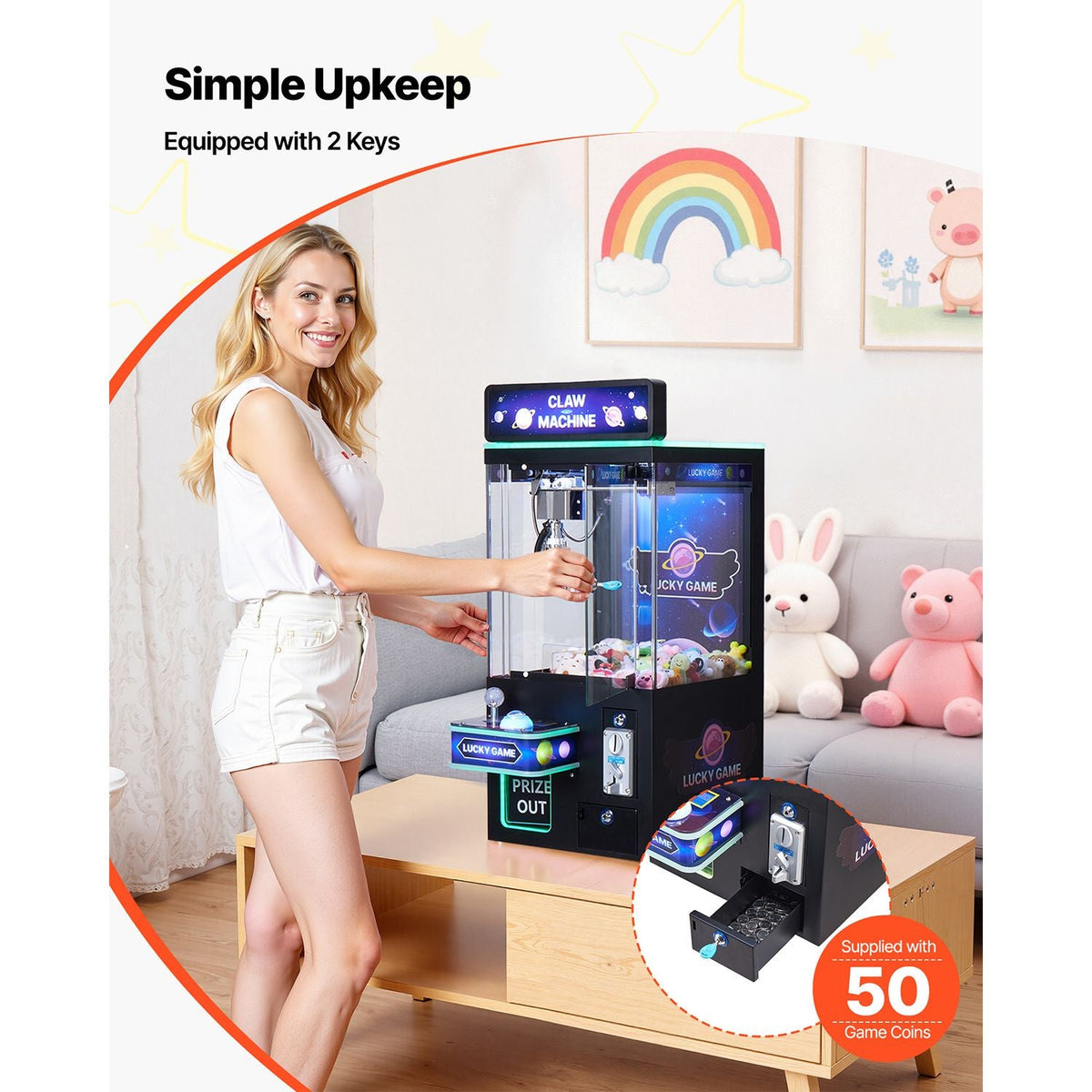 Claw Crane Machine, Medium-Sized Arcade Game Machine with Light & Sound, Adjustable Steel Claws, Precise Toy Candy Grabber Prize Dispenser Vending Toy, for Commercial Home Cinema, Black Purple