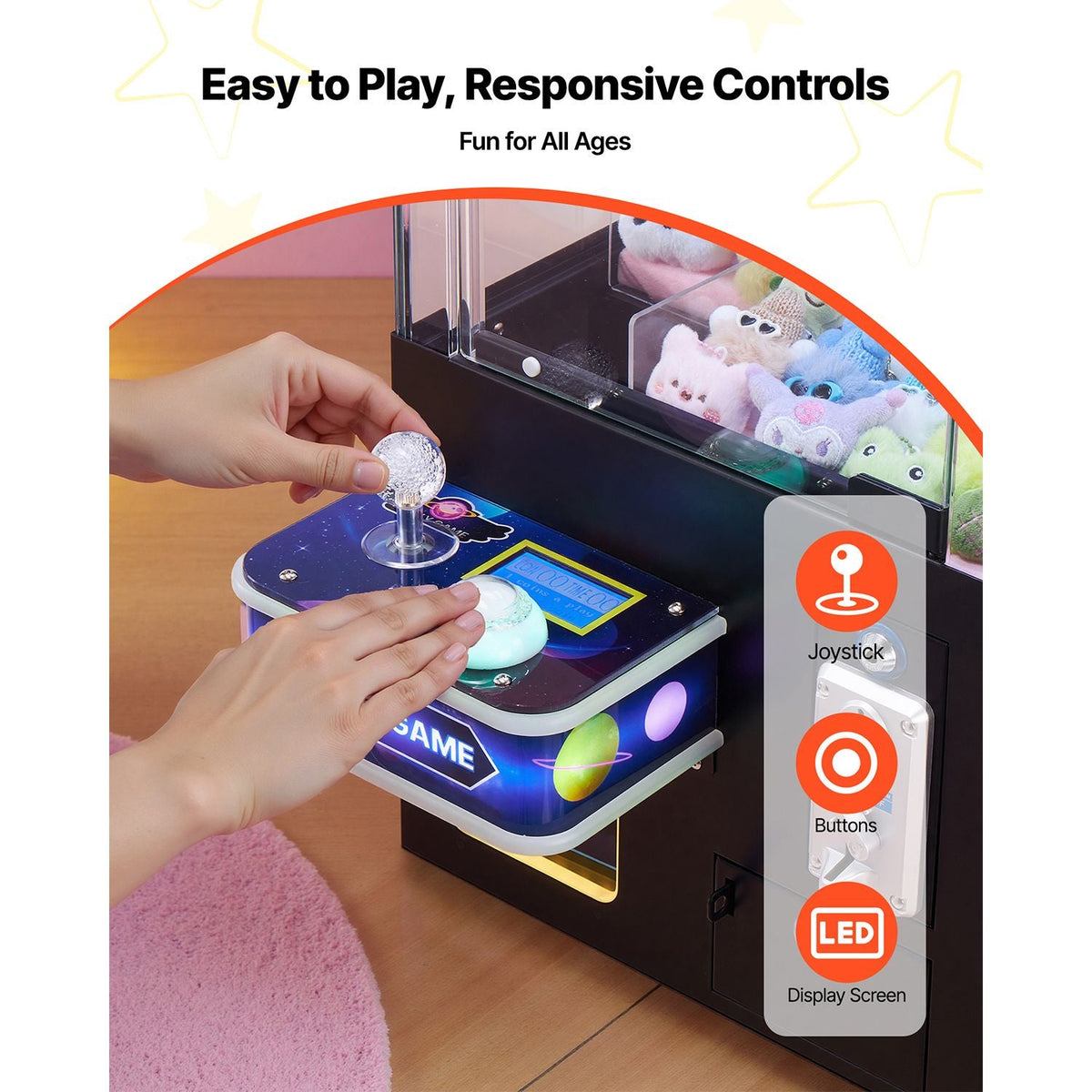 Claw Crane Machine, Medium-Sized Arcade Game Machine with Light & Sound, Adjustable Steel Claws, Precise Toy Candy Grabber Prize Dispenser Vending Toy, for Commercial Home Cinema, Black Purple