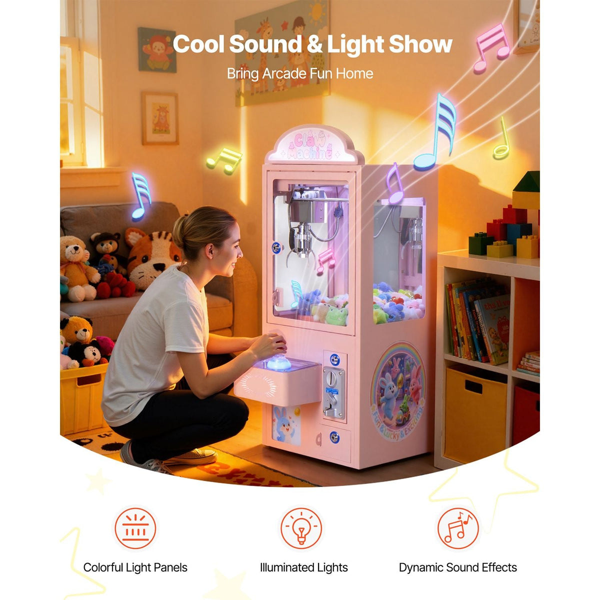 Claw Crane Machine, Medium-Sized Arcade Game Machine with Light & Sound, Adjustable Steel Claws, Precise Toy Candy Grabber Prize Dispenser Vending Toy, for Commercial Home Parties Cinema, Pink