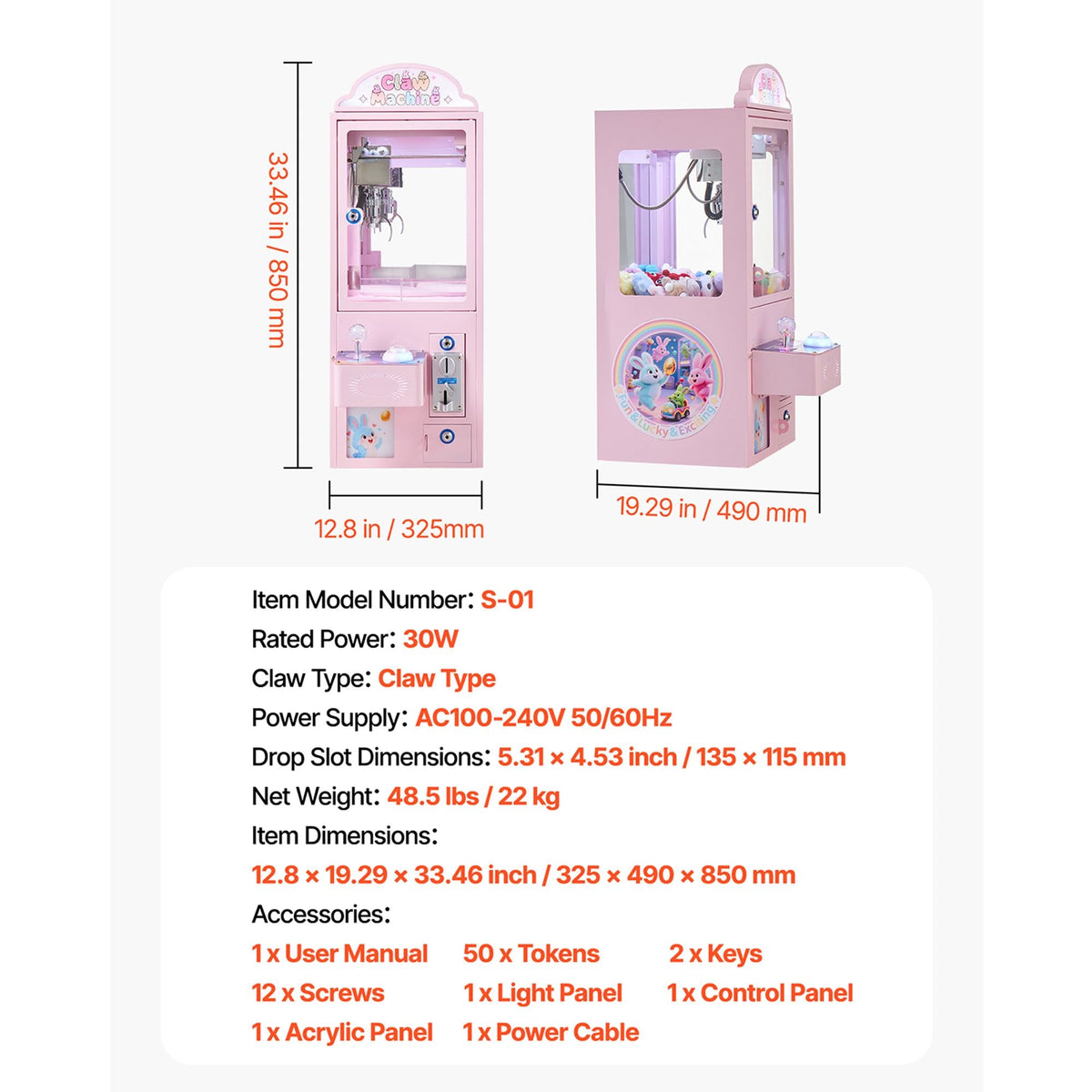 Claw Crane Machine, Medium-Sized Arcade Game Machine with Light & Sound, Adjustable Steel Claws, Precise Toy Candy Grabber Prize Dispenser Vending Toy, for Commercial Home Parties Cinema, Pink