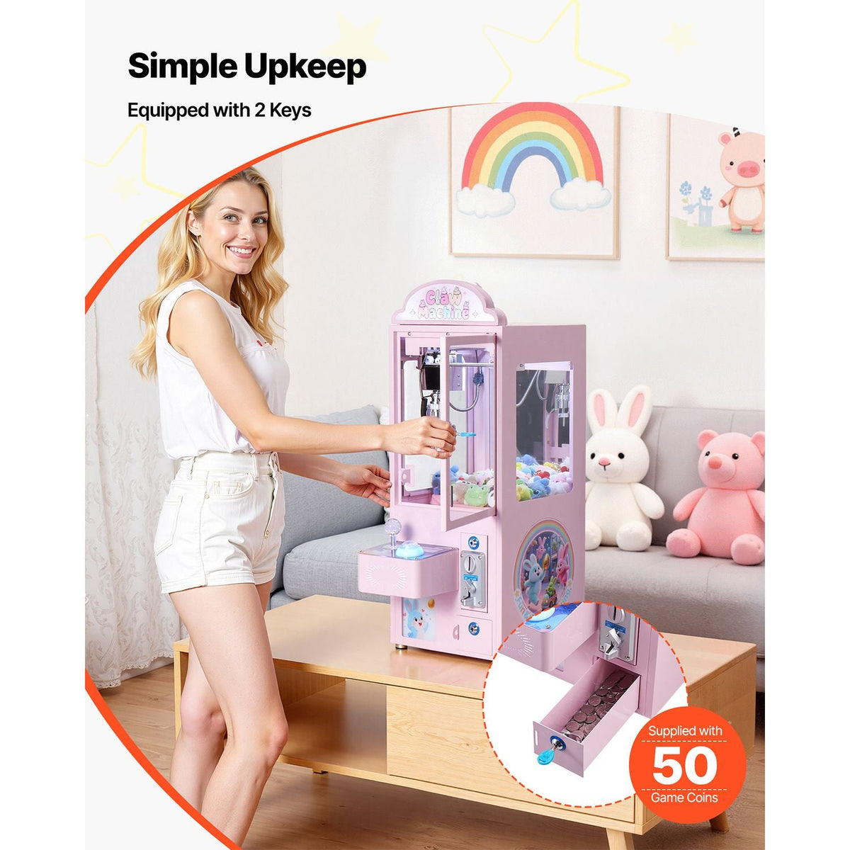 Claw Crane Machine, Medium-Sized Arcade Game Machine with Light & Sound, Adjustable Steel Claws, Precise Toy Candy Grabber Prize Dispenser Vending Toy, for Commercial Home Parties Cinema, Pink