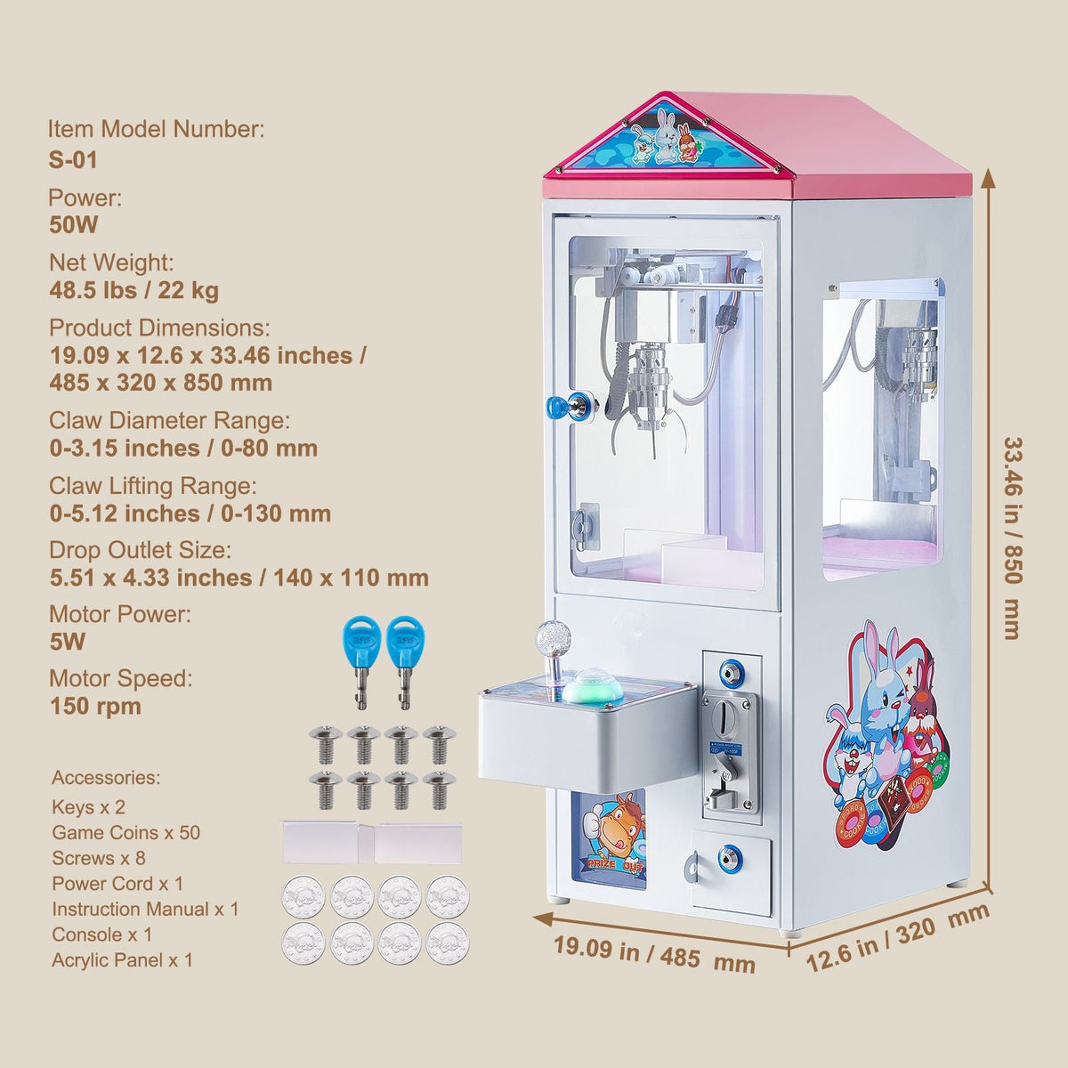 Claw Machine, 0-3" Jaw Diameter 0-5" Jaw lifting, Crane Prize Grabber Commercial Arcade Game Toys, Cool Fun Grab-And-Win Machine w/ Light and Sound, Dispenser Vending Toy For Kids,Boys &Girls