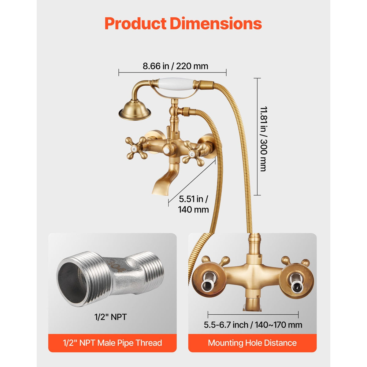 Clawfoot Tub Faucet, Wall Mount Bathtub Faucets with Handheld Shower, Vintage Brushed Gold Clawfoot Tub Filler Faucet Shower Kit with Adjustable Swing Arms & 360° Rotation Spout for Bathtubs
