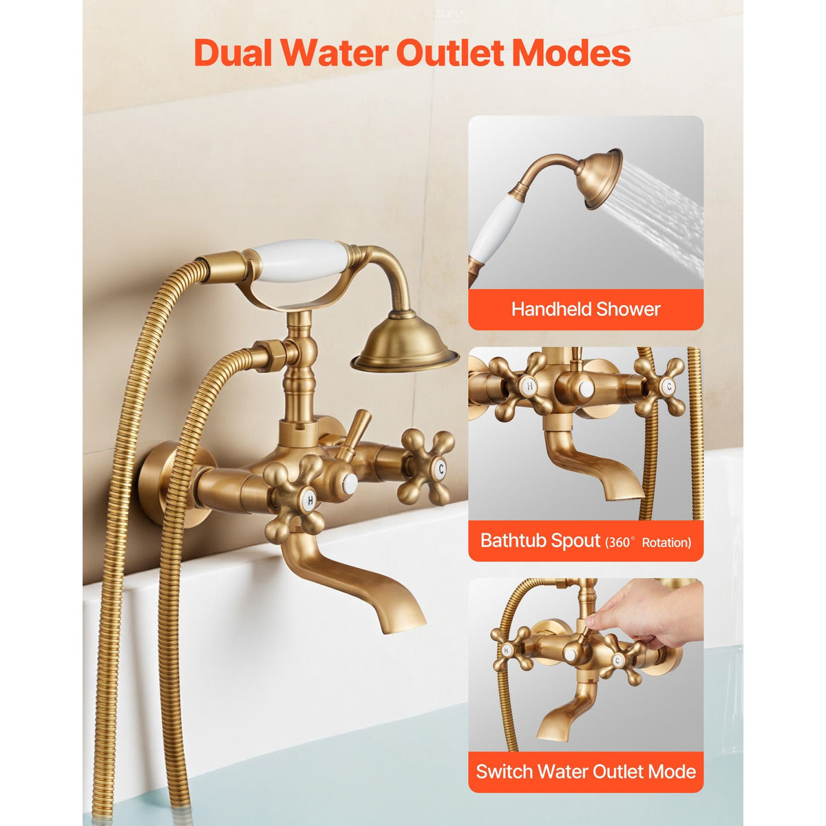 Clawfoot Tub Faucet, Wall Mount Bathtub Faucets with Handheld Shower, Vintage Brushed Gold Clawfoot Tub Filler Faucet Shower Kit with Adjustable Swing Arms & 360° Rotation Spout for Bathtubs
