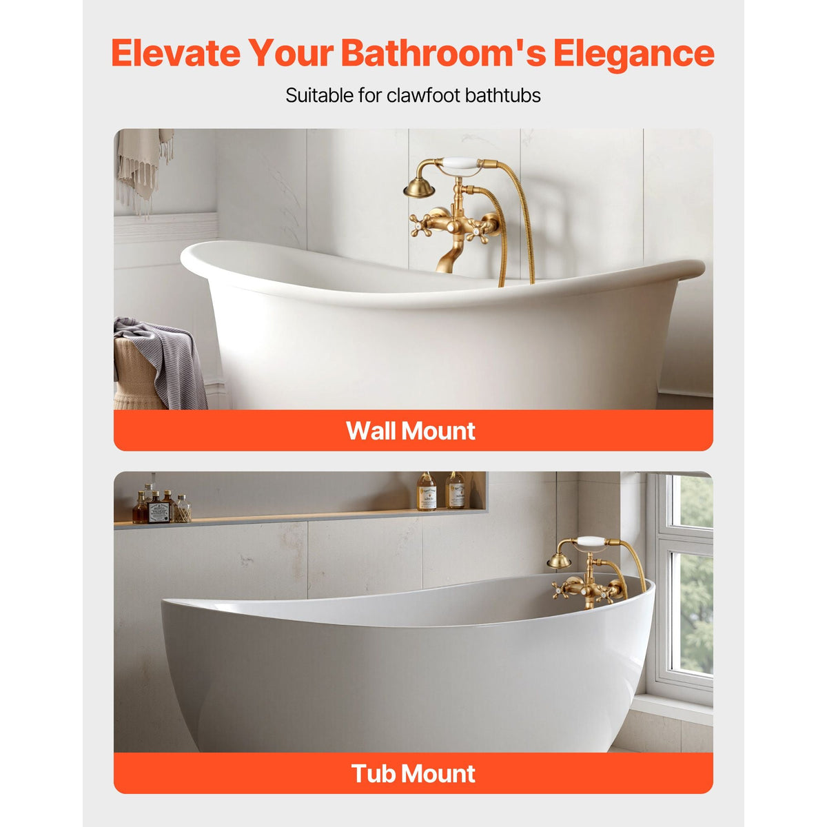 Clawfoot Tub Faucet, Wall Mount Bathtub Faucets with Handheld Shower, Vintage Brushed Gold Clawfoot Tub Filler Faucet Shower Kit with Adjustable Swing Arms & 360° Rotation Spout for Bathtubs