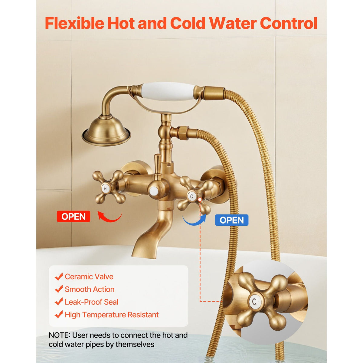 Clawfoot Tub Faucet, Wall Mount Bathtub Faucets with Handheld Shower, Vintage Brushed Gold Clawfoot Tub Filler Faucet Shower Kit with Adjustable Swing Arms & 360° Rotation Spout for Bathtubs