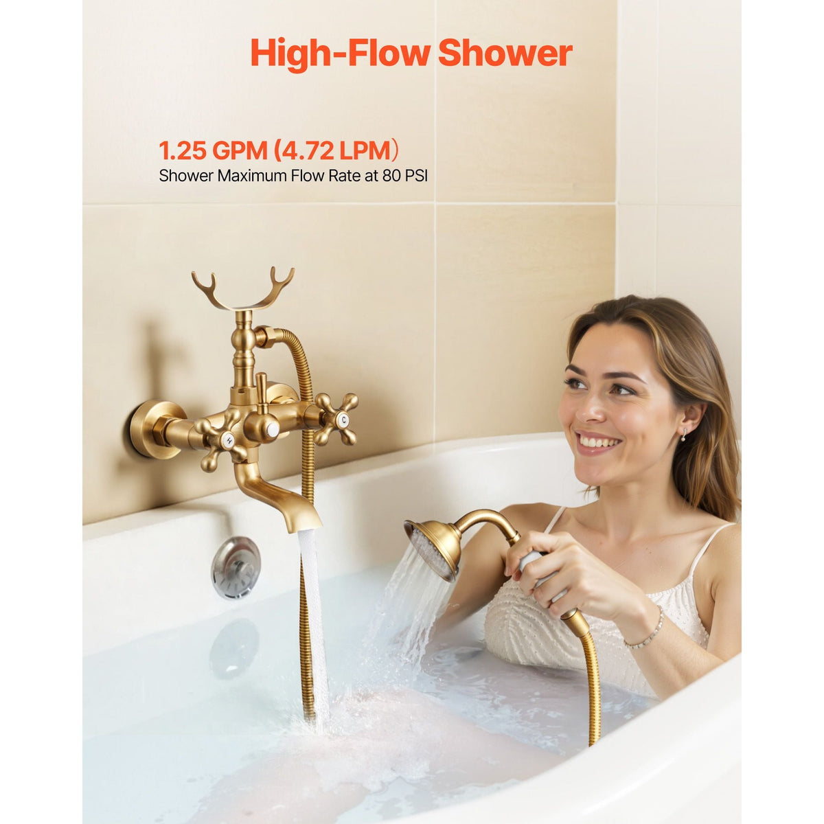 Clawfoot Tub Faucet, Wall Mount Bathtub Faucets with Handheld Shower, Vintage Brushed Gold Clawfoot Tub Filler Faucet Shower Kit with Adjustable Swing Arms & 360° Rotation Spout for Bathtubs