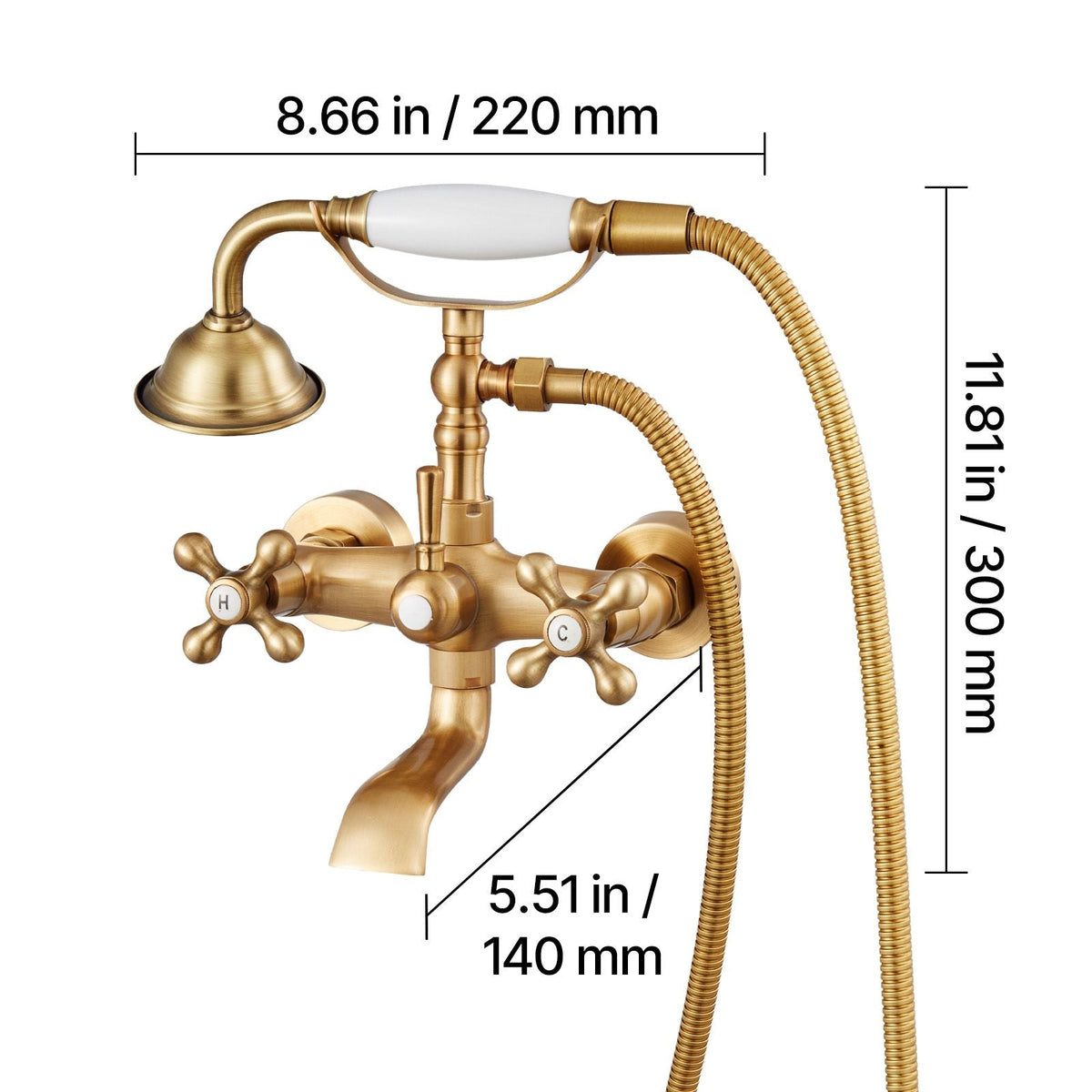 Clawfoot Tub Faucet, Wall Mount Bathtub Faucets with Handheld Shower, Vintage Brushed Gold Clawfoot Tub Filler Faucet Shower Kit with Adjustable Swing Arms & 360° Rotation Spout for Bathtubs