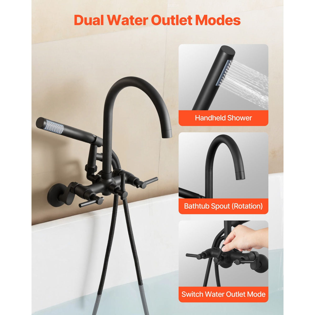 Clawfoot Tub Faucet, Wall-Mounted Bathtub Faucet with Handheld Shower, Vintage Matte Black Clawfoot Tub Filler Shower Kit with Adjustable Swing Arms & Rotatable Gooseneck Spout for Bathtubs