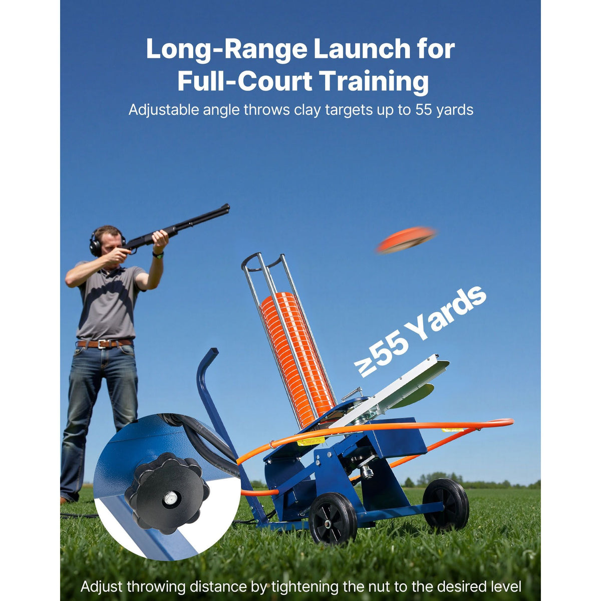 Clay Target Thrower, Max 50 Clays Pigeon Thrower, 55+ Yards Automatic Skeet and Trap Launcher on Wheels - with Adjustable Angle, Foot Pedal & Pull Handle for Clays Throwing Shooting Sports