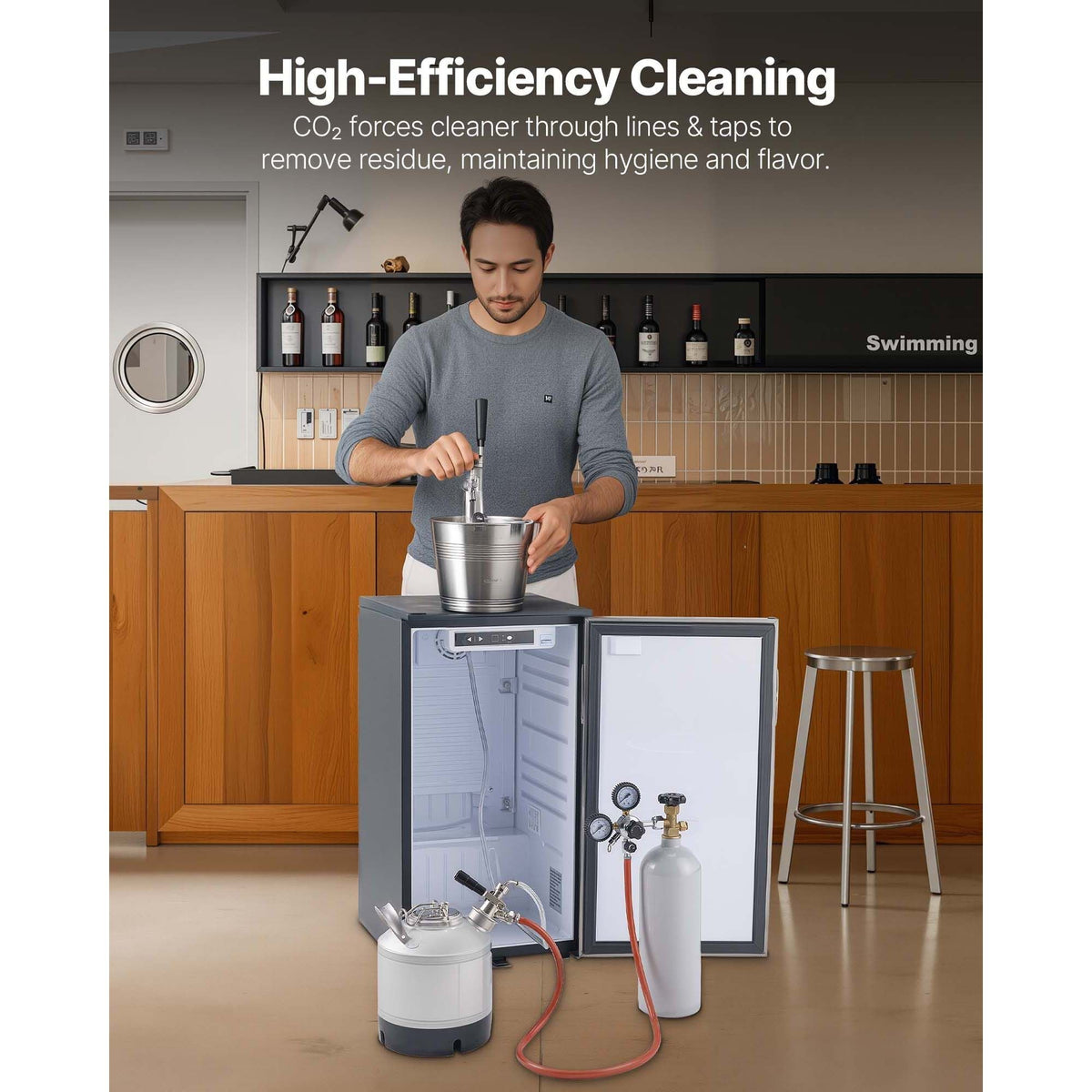 Cleaning Keg, 1.75 Gallon/6.5L Keg Line Cleaning Kit with D Coupler Connection & Rubber Base, Beer Lines Cleaner Used for Beer Line Cleaning, 304Stainless Steel Kegerator Beers Lines Cleaner Kit