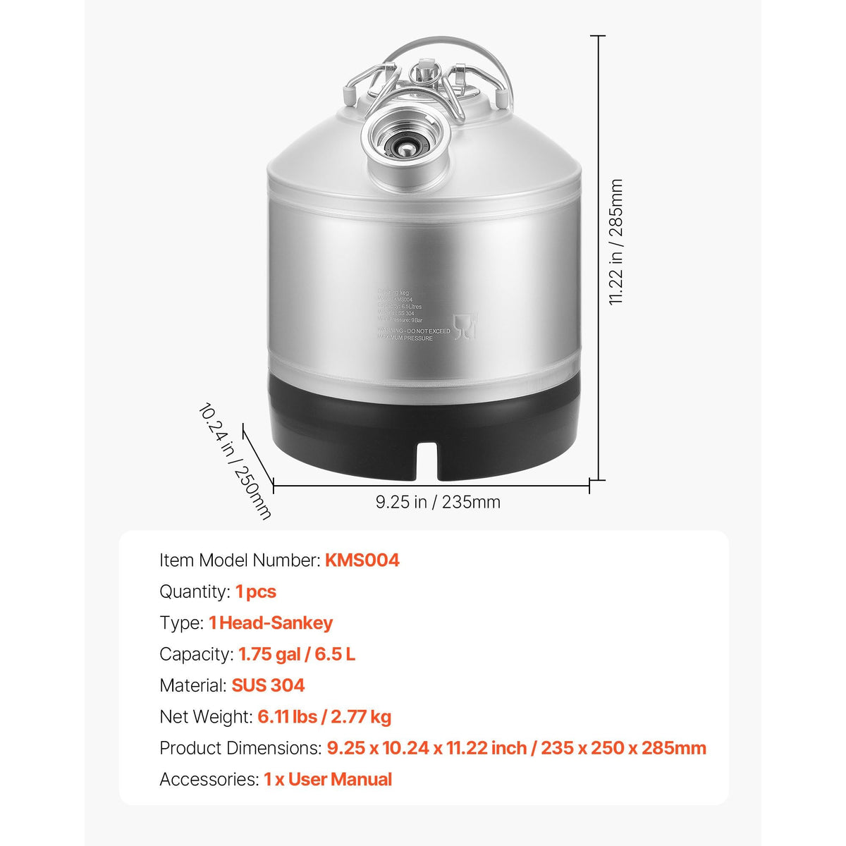 Cleaning Keg, 1.75 Gallon/6.5L Keg Line Cleaning Kit with D Coupler Connection & Rubber Base, Beer Lines Cleaner Used for Beer Line Cleaning, 304Stainless Steel Kegerator Beers Lines Cleaner Kit