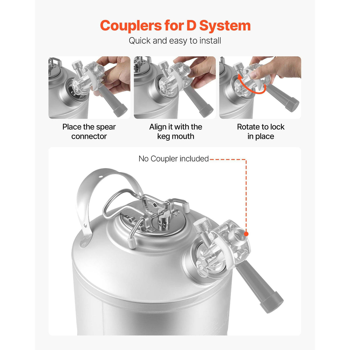 Cleaning Keg, 1.75 Gallon/6.5L Keg Line Cleaning Kit with D Coupler Connection & Rubber Base, Beer Lines Cleaner Used for Beer Line Cleaning, 304Stainless Steel Kegerator Beers Lines Cleaner Kit
