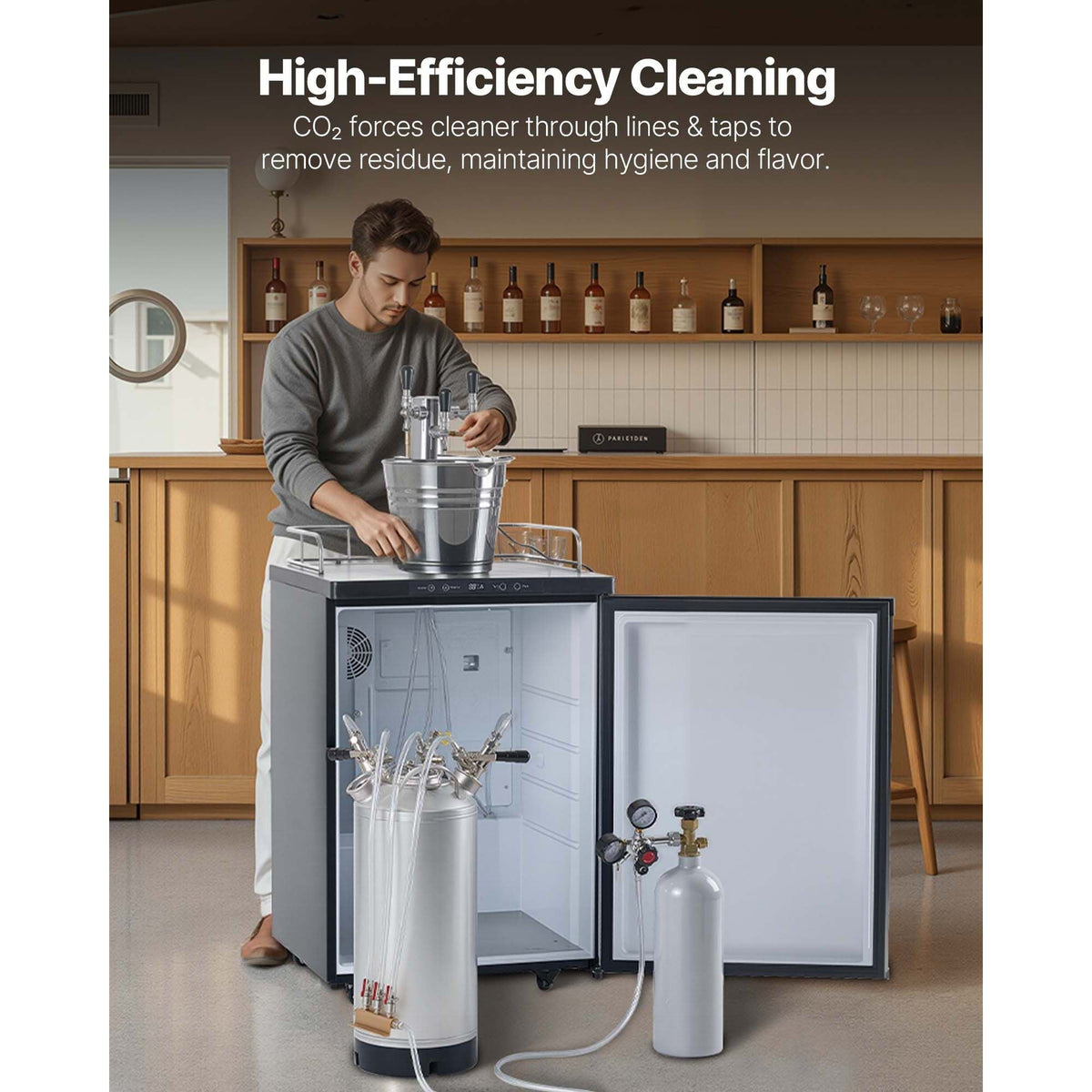 Cleaning Keg, 5 Gallon/19L Keg Line Cleaning Kit with 4 D Coupler Connections & Rubber Base, Beer Lines Cleaner Used for Beer Line Cleaning, 304 Stainless Steel Kegerator Beers Lines Cleaner Kit