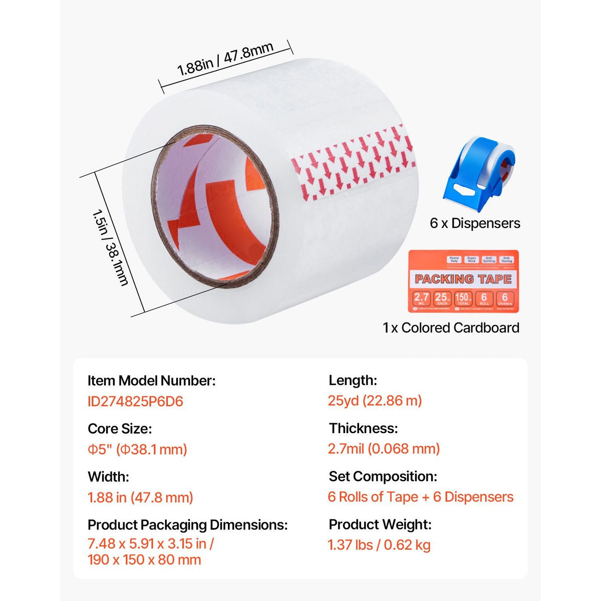 Clear Packing Tape, 1.5 inches Core, 6 Rolls 1.88 Inches x 25 Yards Packing Tape with Dispenser, 2.7 Mil Heavy Duty Packaging Tape Designed for Moving, Storage and Packing, Shipping and Mailing