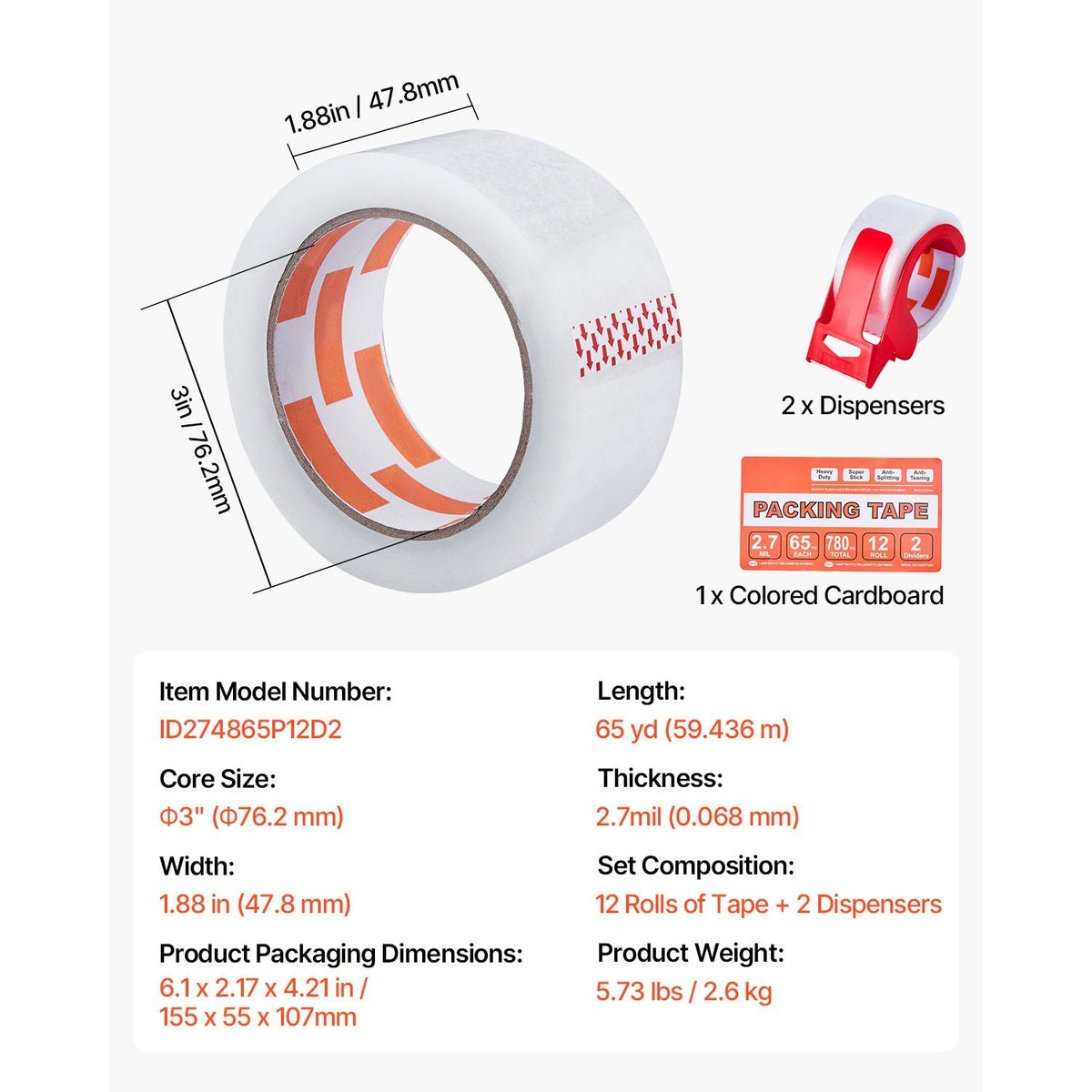 Clear Packing Tape, 3 inches Core, 12 Rolls 1.88 Inches x 65 Yards Packing Tape with Dispenser, 2.7 Mil Heavy Duty Packaging Tape Designed for Moving, Storage and Packing, Shipping and Mailing
