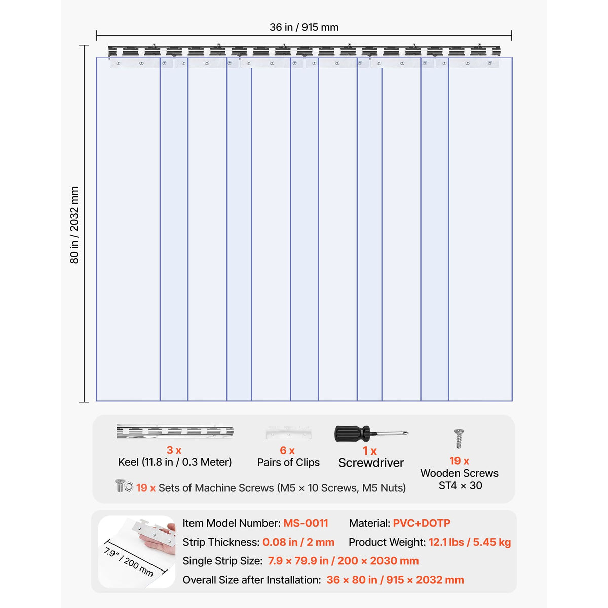 Clear PVC Strip Curtain, 80 in Height x 36 in Width x 0.08 in Thickness, 6 PCS Walk in Freezer Cooler Curtain Strips, Smooth Waterproof Plastic Door Strips for Warehouse, Freezer, Garage Doors