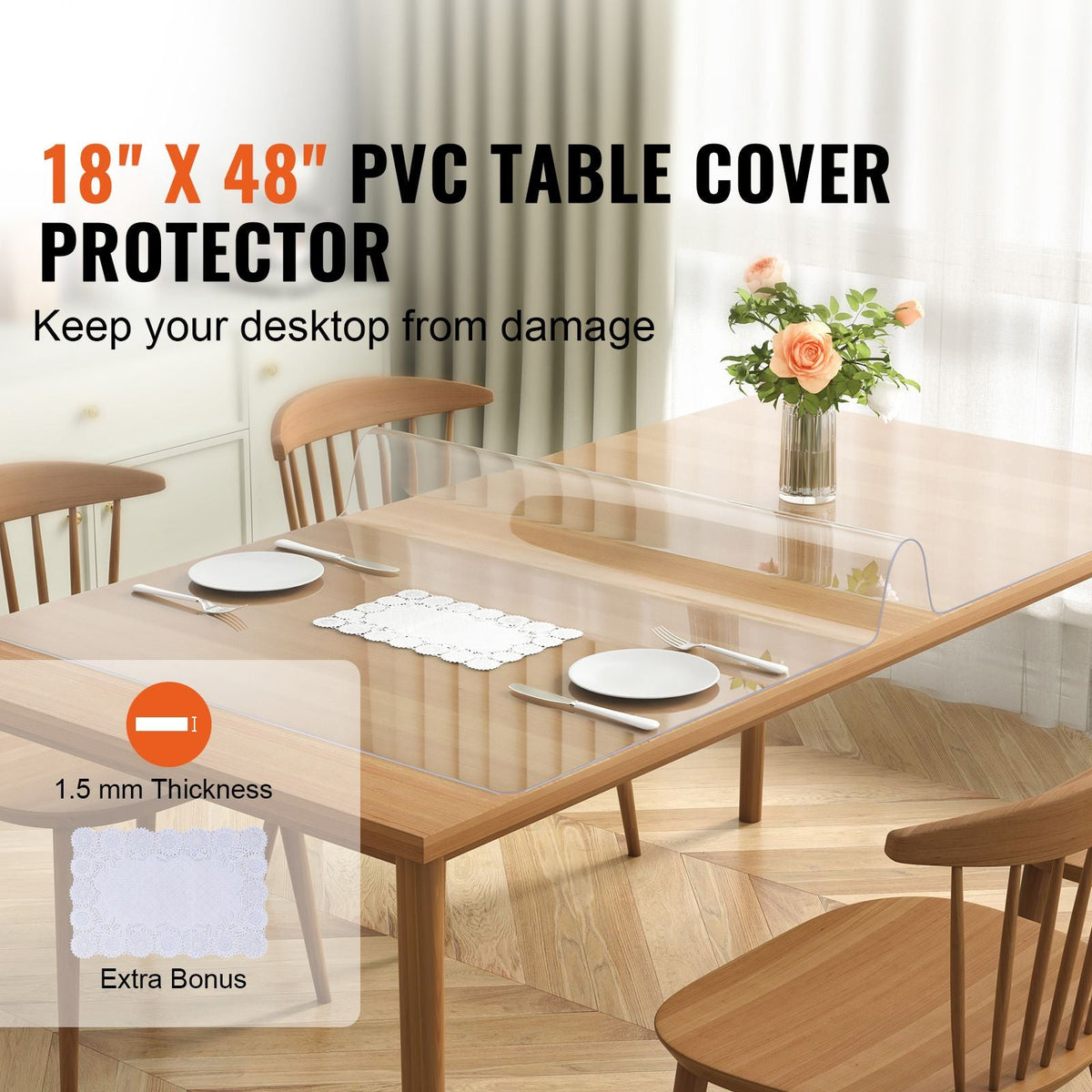 Clear Table Cover Protector, 18" x 48"/ 460 x 1232 mm Table Cover, 1.5 mm Thick PVC Plastic Tablecloth, Waterproof Desktop Protector for Writing Desk, Coffee Table, Dining Room Table