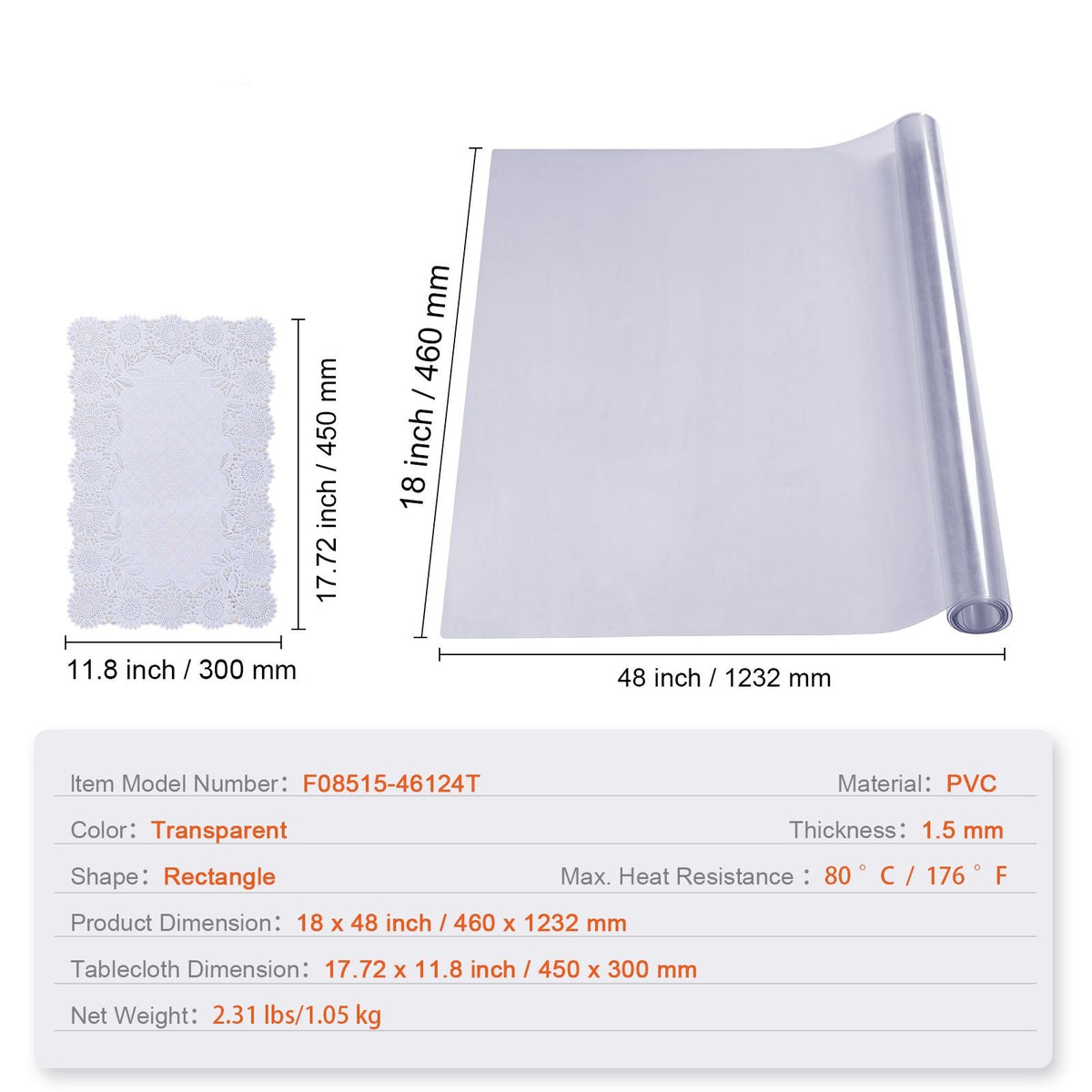 Clear Table Cover Protector, 18" x 48"/ 460 x 1232 mm Table Cover, 1.5 mm Thick PVC Plastic Tablecloth, Waterproof Desktop Protector for Writing Desk, Coffee Table, Dining Room Table