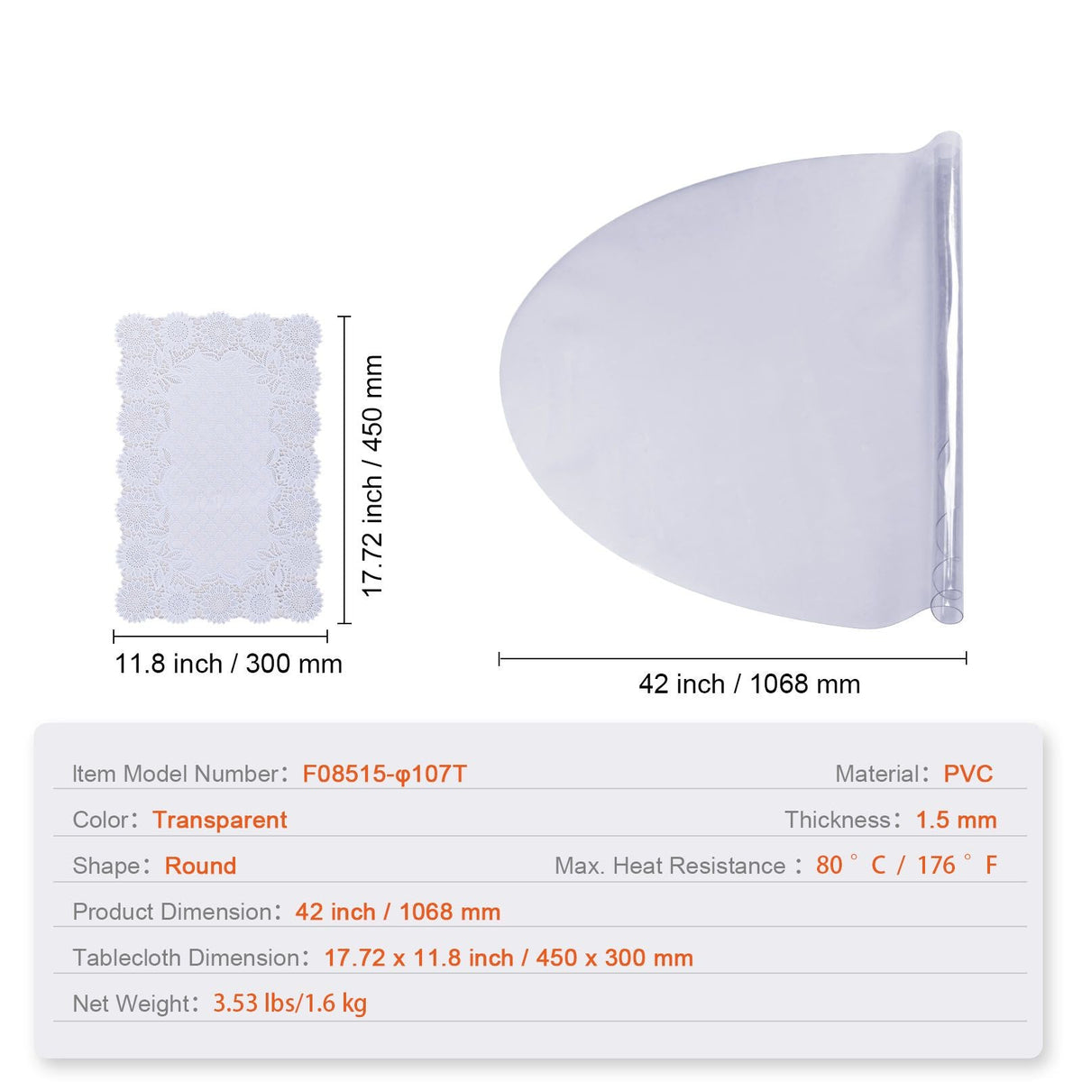 Clear Table Cover Protector, 42 inch/1068 mm Round Table Cover, 1.5 mm Thick PVC Plastic Tablecloth, Waterproof Desktop Protector for Writing Desk, Coffee Table, Dining Room Table