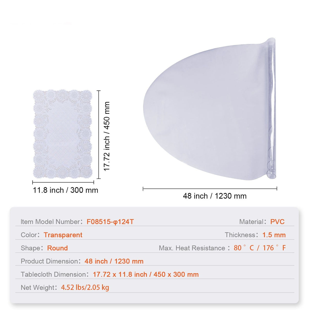 Clear Table Cover Protector, 48 inch/1230 mm Round Table Cover, 1.5 mm Thick PVC Plastic Tablecloth, Waterproof Desktop Protector for Writing Desk, Coffee Table, Dining Room Table