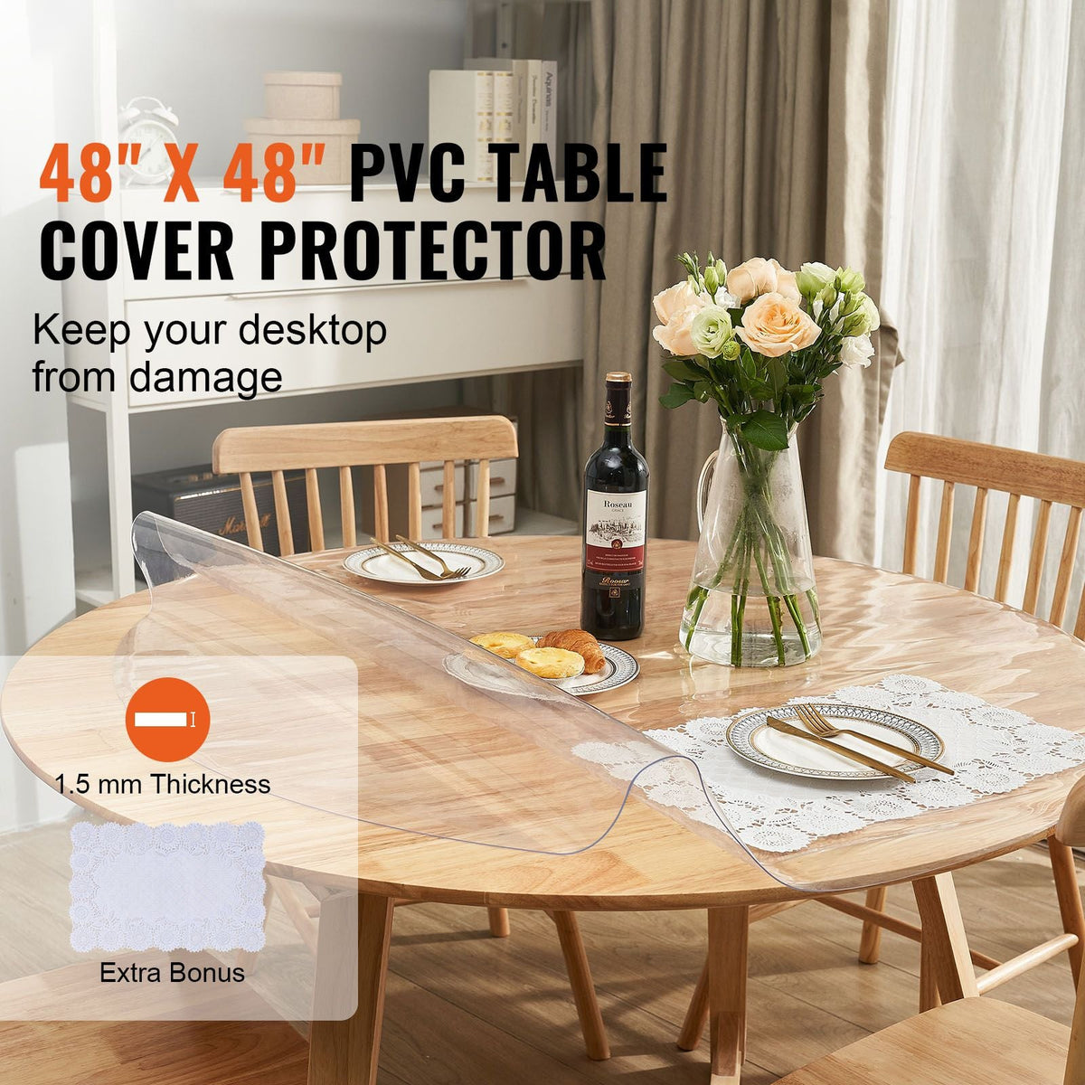Clear Table Cover Protector, 48 inch/1230 mm Round Table Cover, 1.5 mm Thick PVC Plastic Tablecloth, Waterproof Desktop Protector for Writing Desk, Coffee Table, Dining Room Table