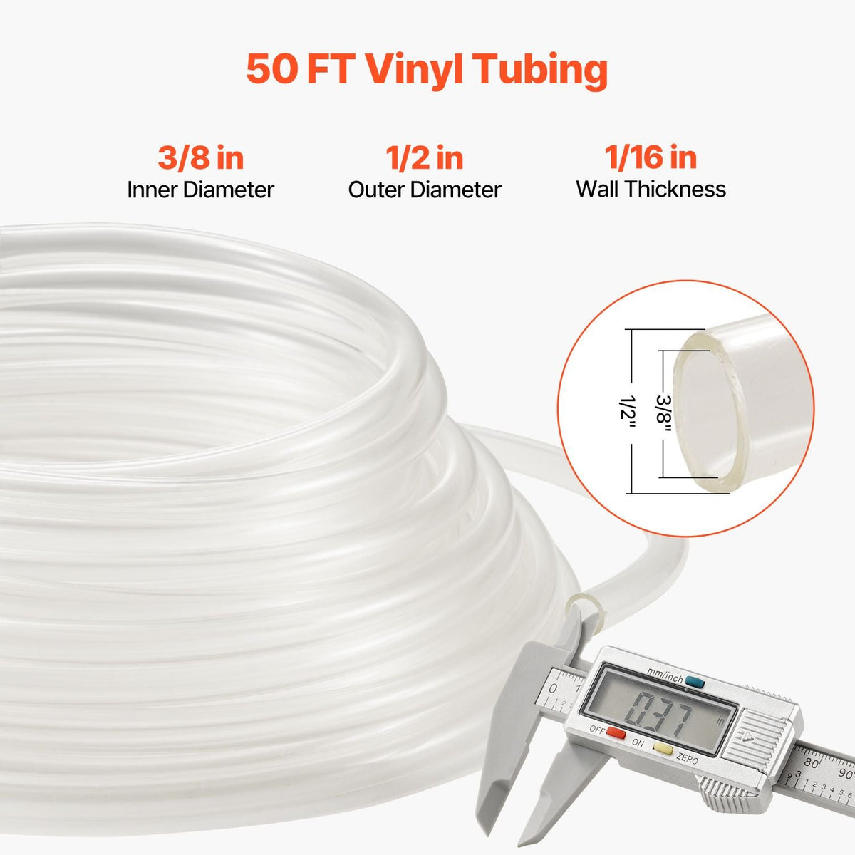 Clear Vinyl Tubing, 3/8" ID x 1/2" OD, 50FT Plastic PVC Tubing, Flexible and Cuttable Clear Hose, 1/16 in Wall Thickness, High-strength PVC Material for Aquarium Irrigation Swimming Pool Lab