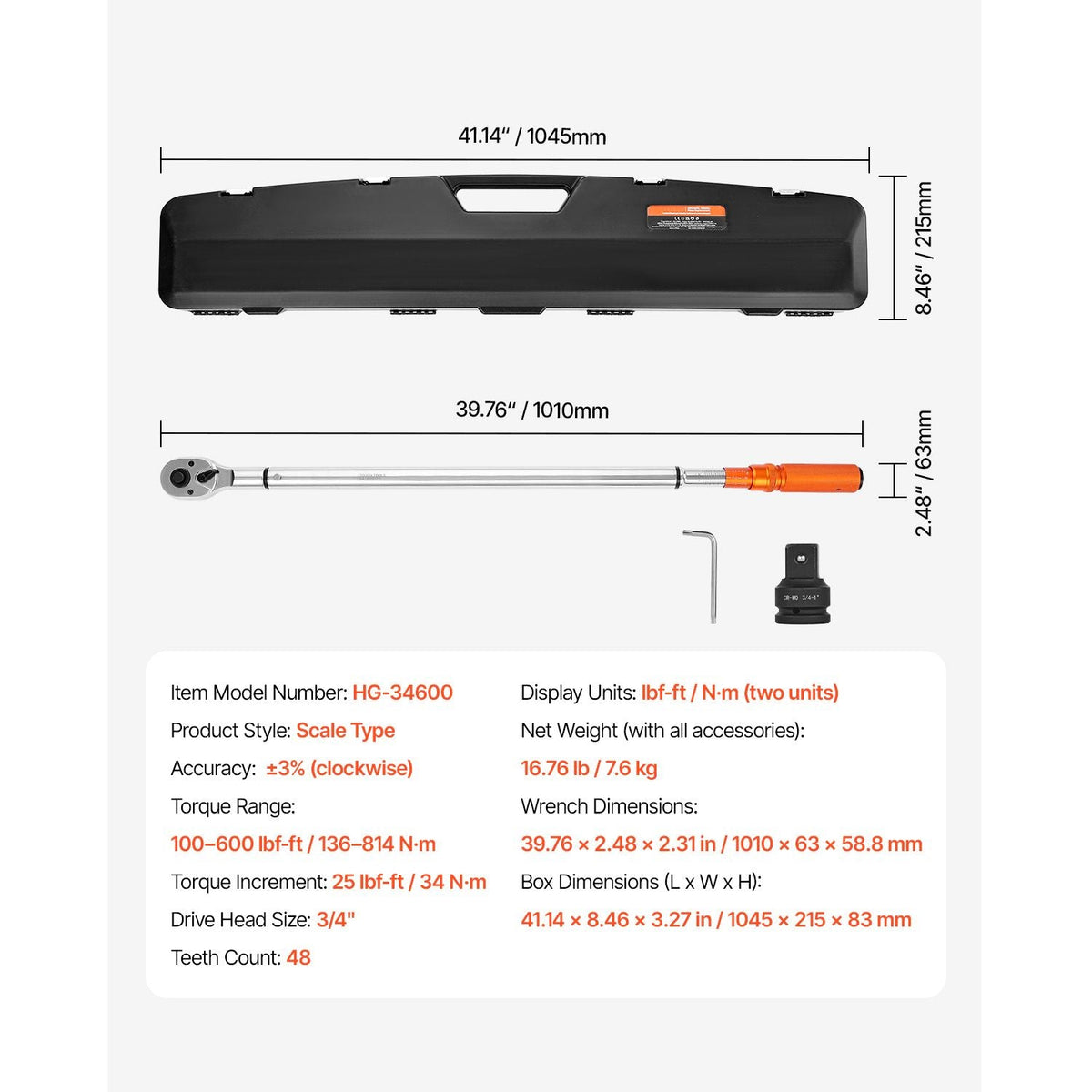 Click Torque Wrench, 3/4 Inch Drive, 100-600 lbf-ft / 136-814N.m, Dual-direction Torque Wrench Set with Dual Range Scales, 48-tooth, ±3% High Precision, Alloy Steel, for Automobile Repair