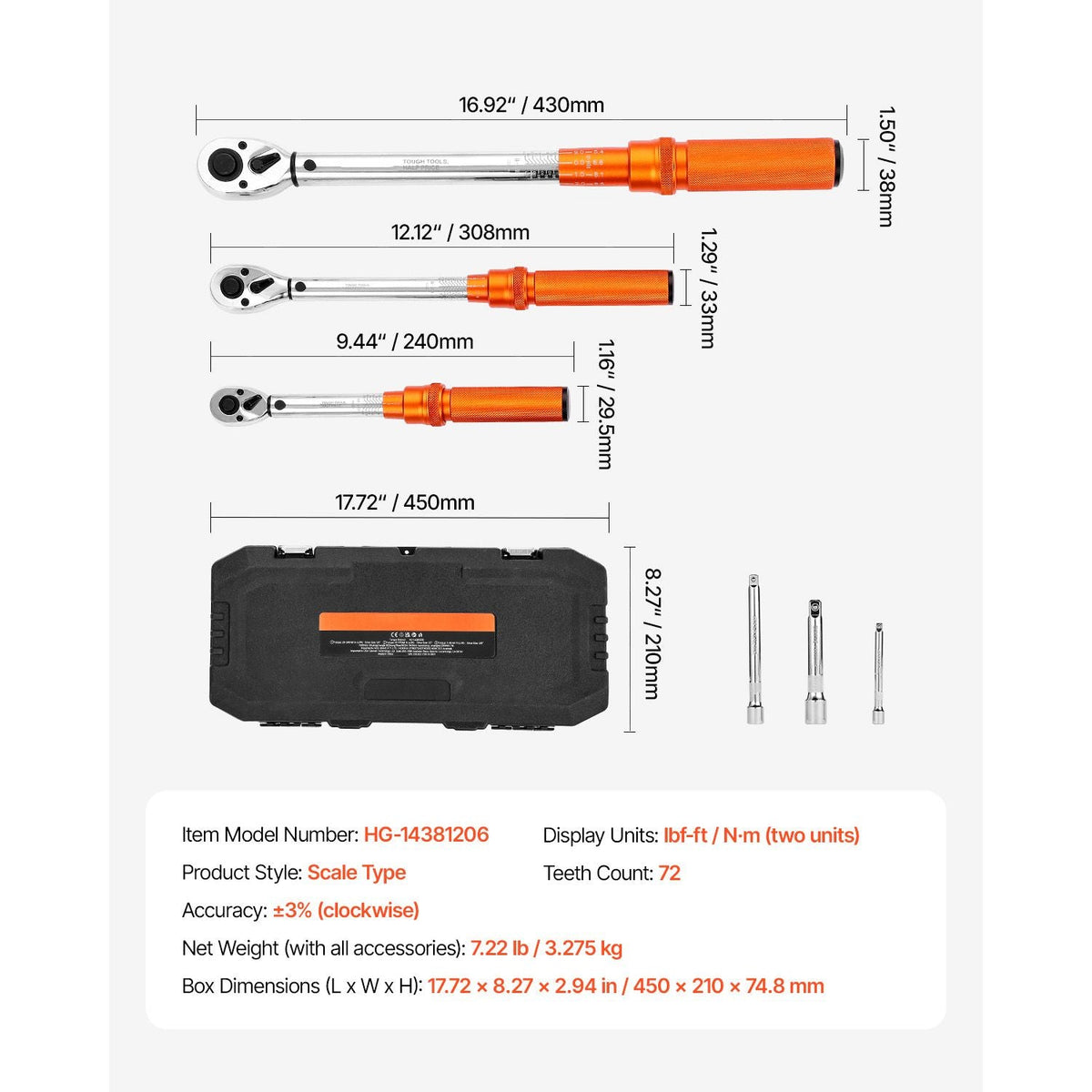 Click Torque Wrench Set, 3 Pieces, 1/4, 3/8, 1/2 Inch Drive, 10-170 lbf-ft, 5-45 lbf-ft, 20-240 lbf-in, Dual-direction and Dual Range Scales, 72-Tooth, ±3% High Precision, for Bicycle Repair