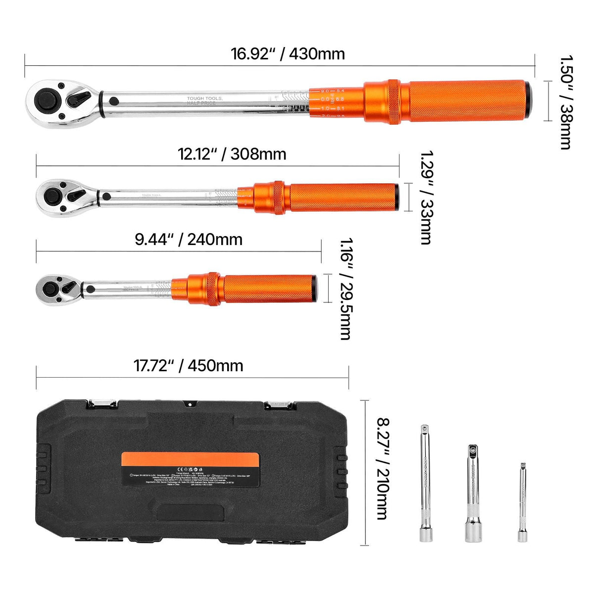 Click Torque Wrench Set, 3 Pieces, 1/4, 3/8, 1/2 Inch Drive, 10-170 lbf-ft, 5-45 lbf-ft, 20-240 lbf-in, Dual-direction and Dual Range Scales, 72-Tooth, ±3% High Precision, for Bicycle Repair