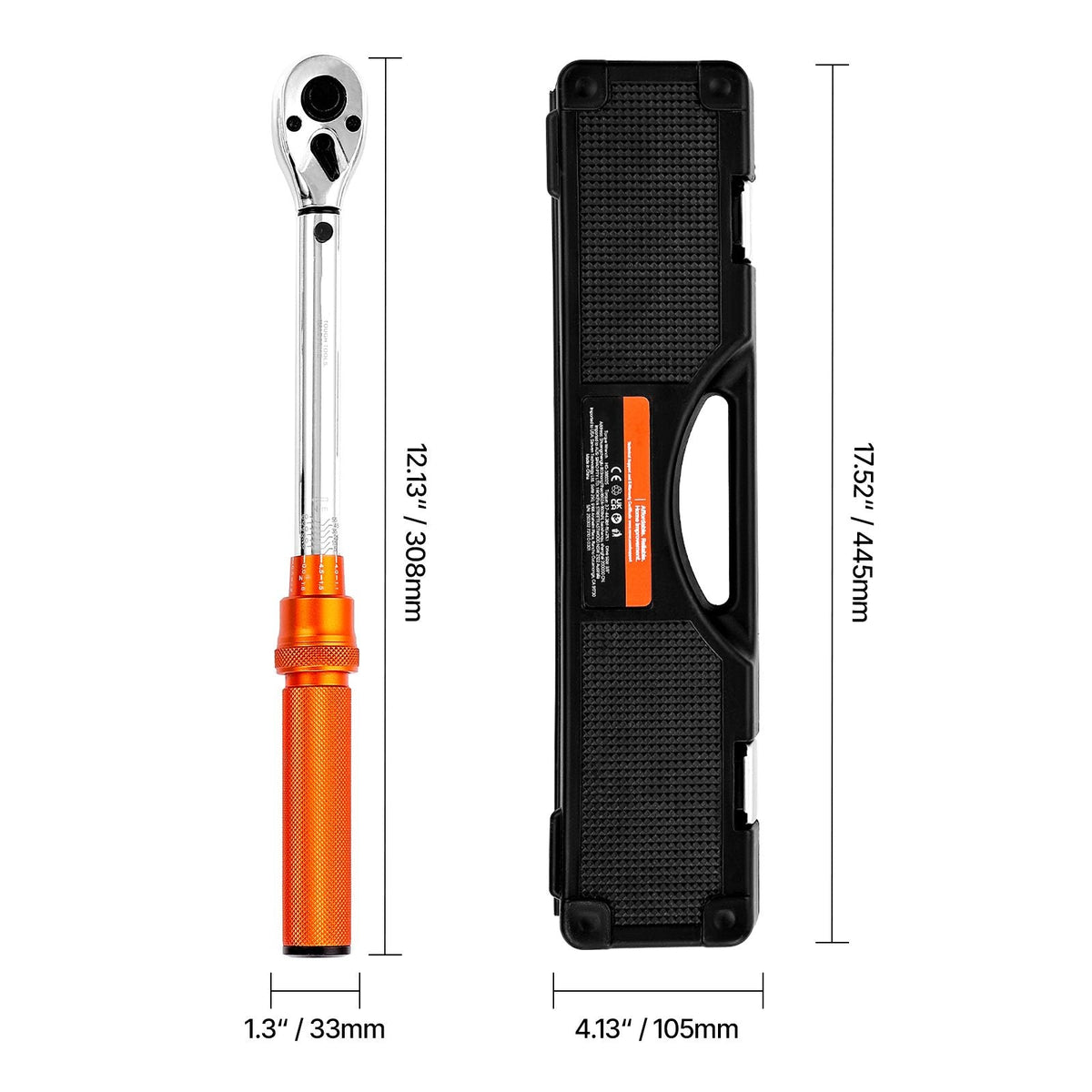 Click Torque Wrench Set, 3/8 Inch Drive, 5-60 N.m / 3.7-44.3 lbf.ft, Dual-direction, 72-Tooth, ±3% High Precision, with Sockets, Bits, Extension Bar, Spark Plug Sockets, Adapter, Orange