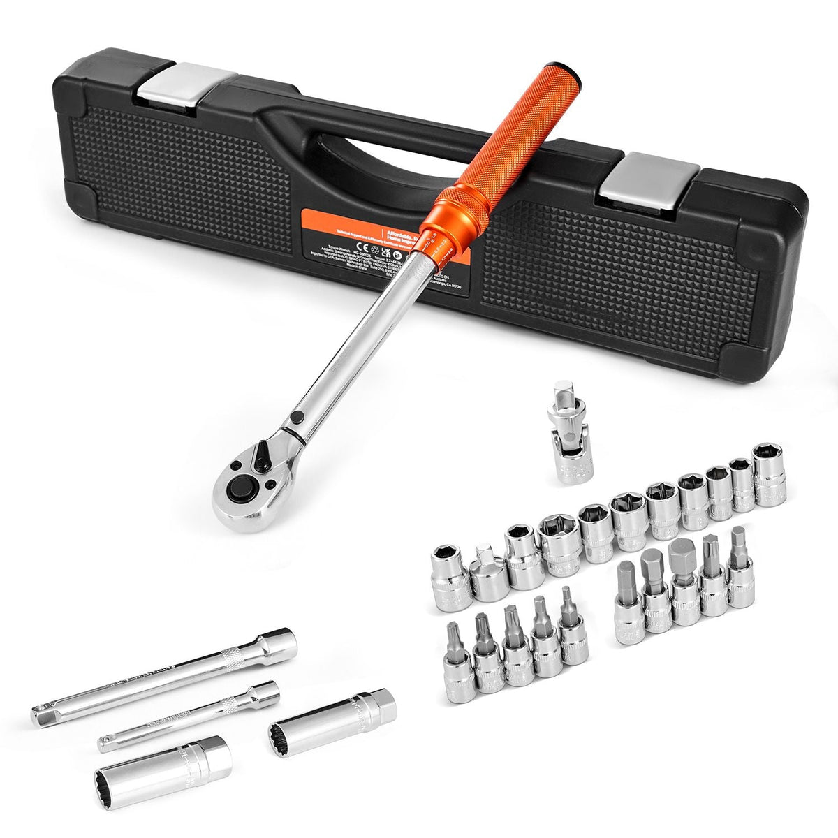 Click Torque Wrench Set, 3/8 Inch Drive, 5-60 N.m / 3.7-44.3 lbf.ft, Dual-direction, 72-Tooth, ±3% High Precision, with Sockets, Bits, Extension Bar, Spark Plug Sockets, Adapter, Orange