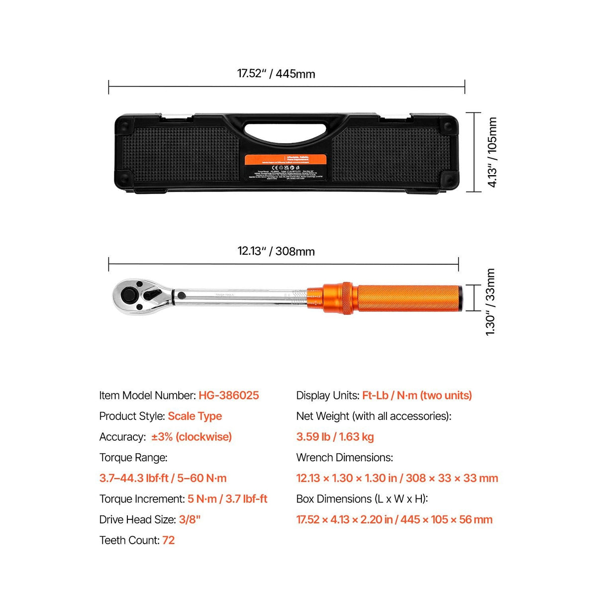 Click Torque Wrench Set, 3/8 Inch Drive, 5-60 N.m / 3.7-44.3 lbf.ft, Dual-direction, 72-Tooth, ±3% High Precision, with Sockets, Bits, Extension Bar, Spark Plug Sockets, Adapter, Orange