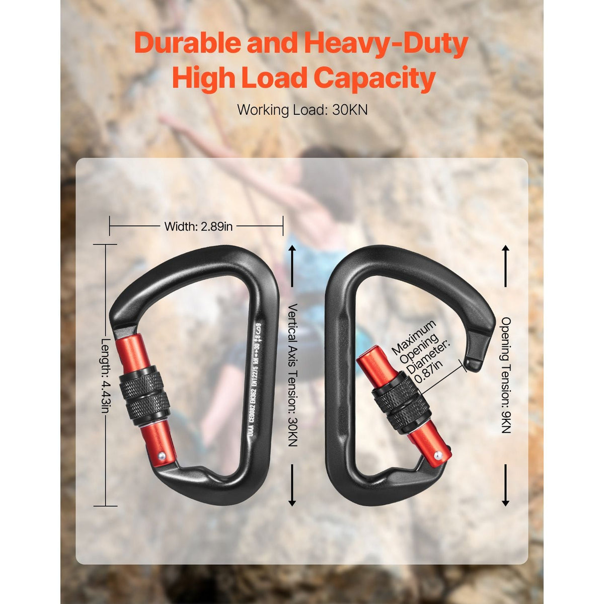 Climbing Carabiner Clips, 3 PCS Heavy Duty Caribiner, Professional 30 KN / 6744 lbs Spindle Strength, Large D-Shaped for Hiking,Rappelling,Rescue,Dog Leash,Hammocks, Swings
