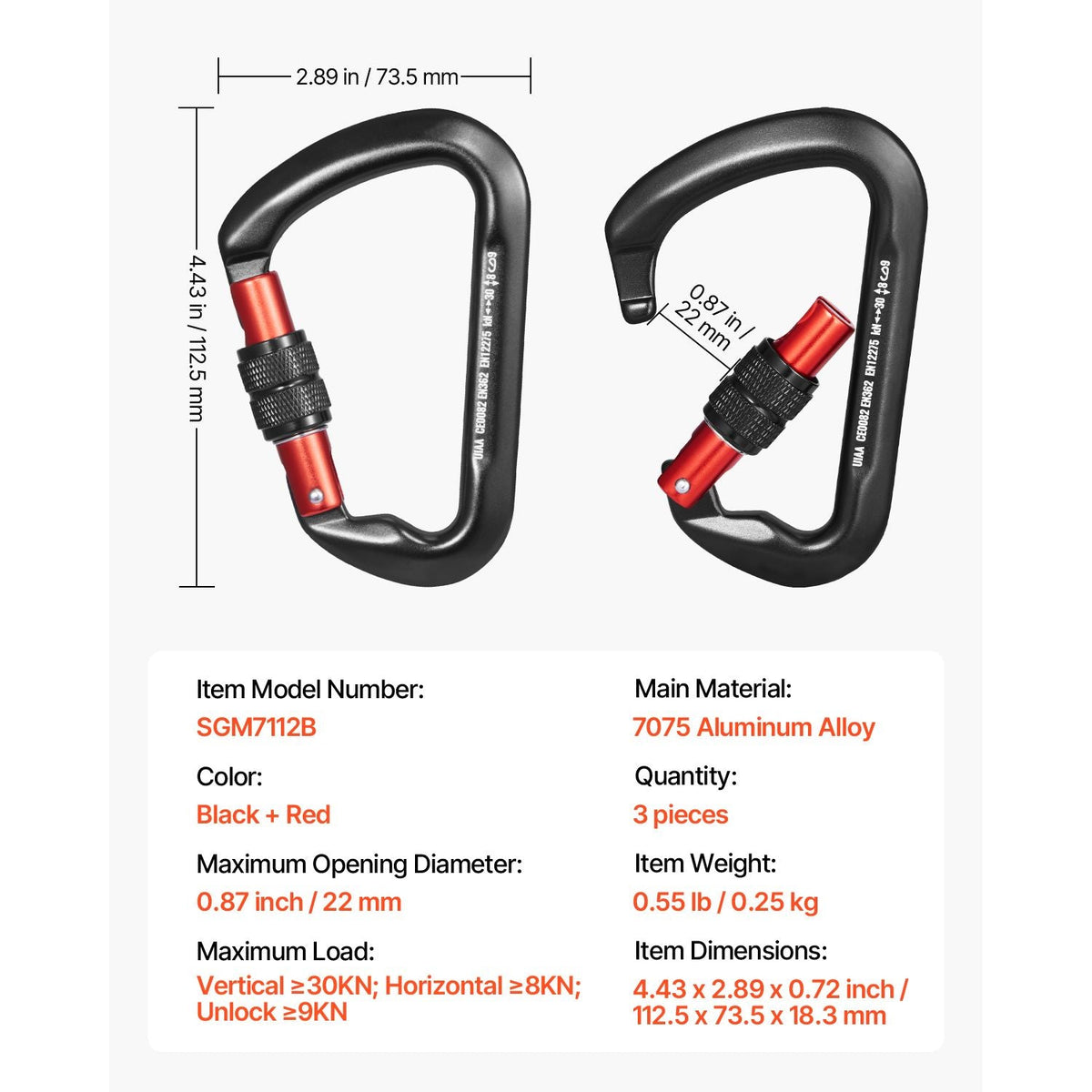 Climbing Carabiner Clips, 3 PCS Heavy Duty Caribiner, Professional 30 KN / 6744 lbs Spindle Strength, Large D-Shaped for Hiking,Rappelling,Rescue,Dog Leash,Hammocks, Swings