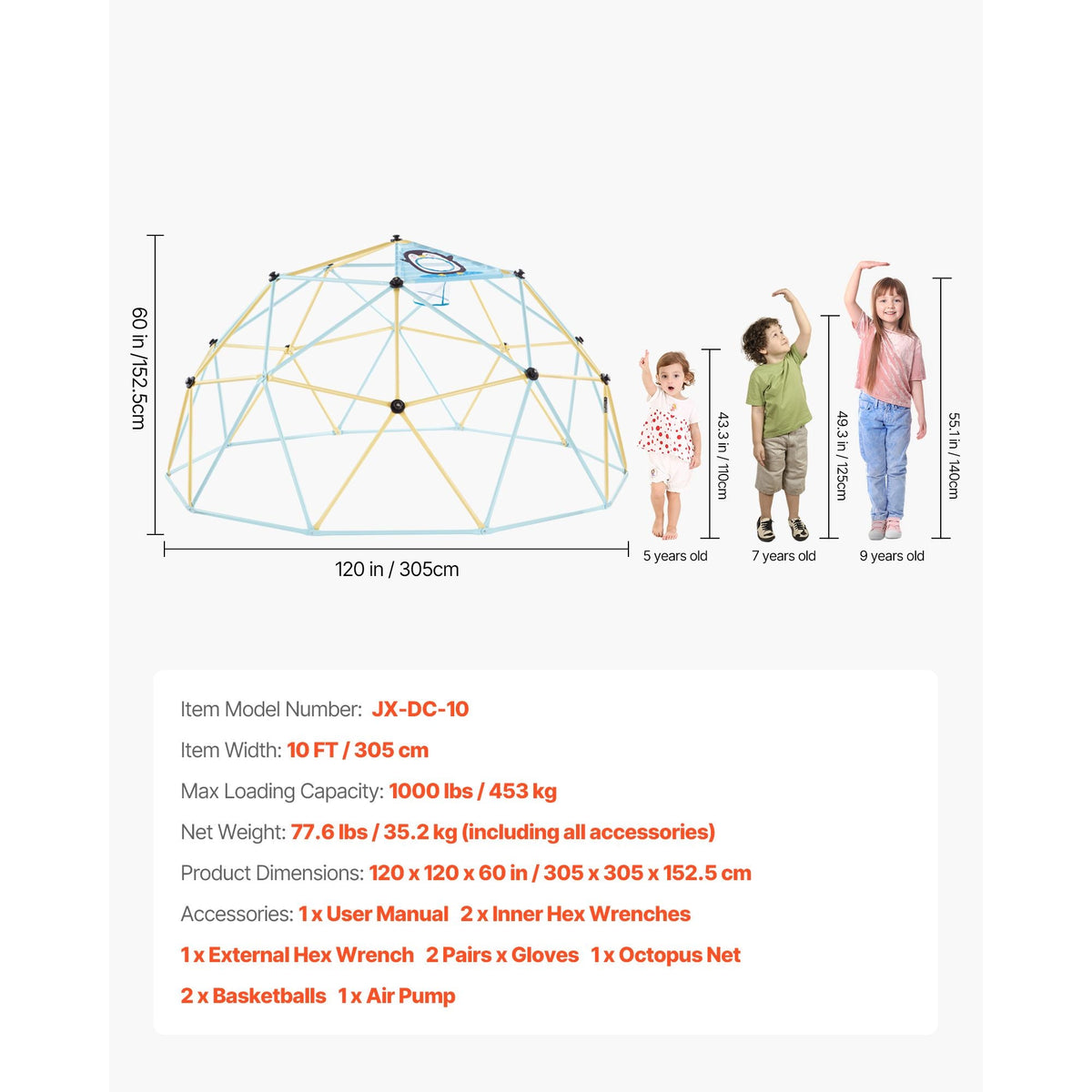 Climbing Dome, 10FT Geometric Dome Climber, 1000LBS Loading Jungle Gym Playground with 2 Basketballs & Octopus Net, Easy-Assembly Outdoor Backyard Climbing Equipment for Kids 3 to 10 Years Old